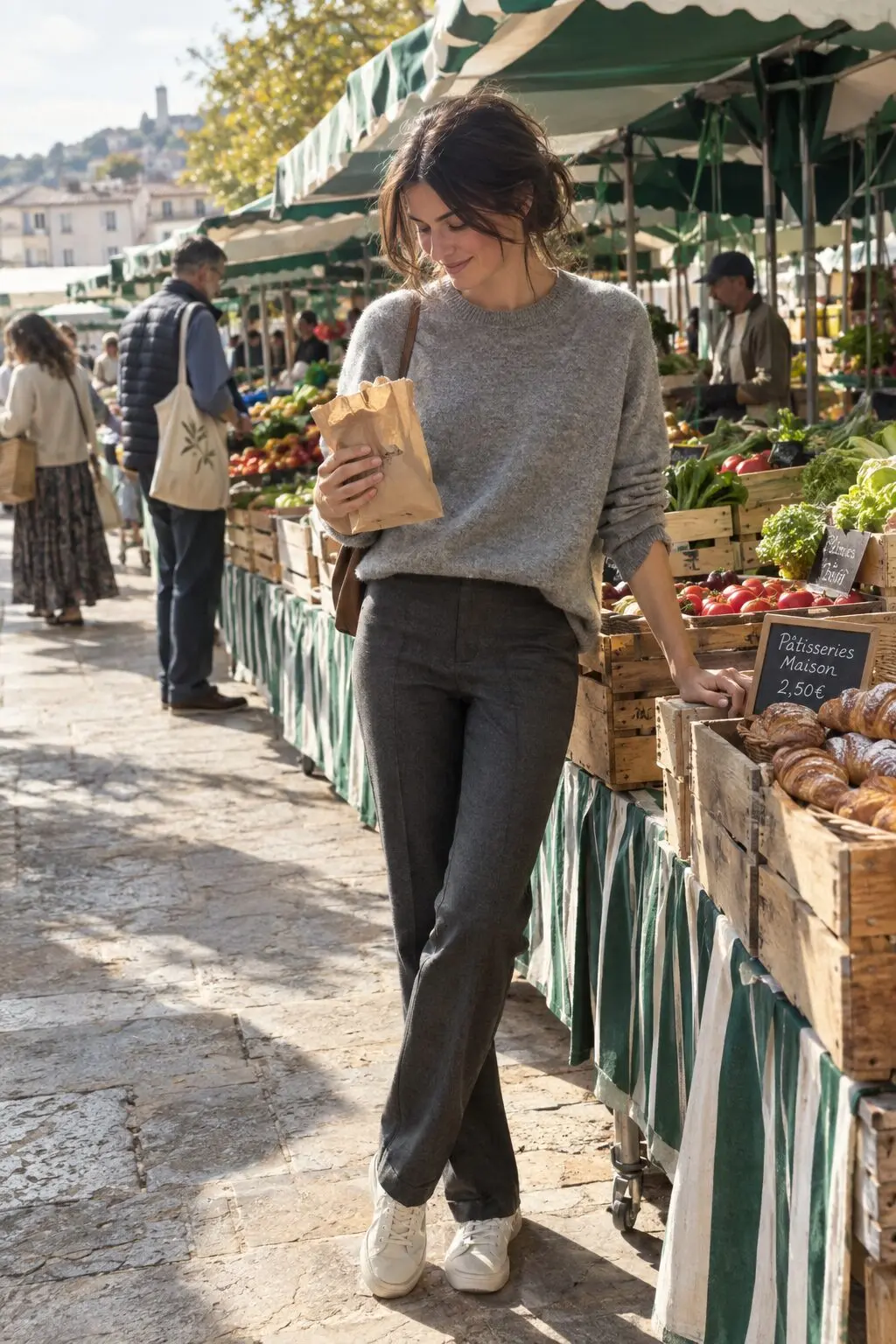 charcoal and grey fall outfit: oversized heather grey cashmere sweater tucked into charcoal ponte trousers