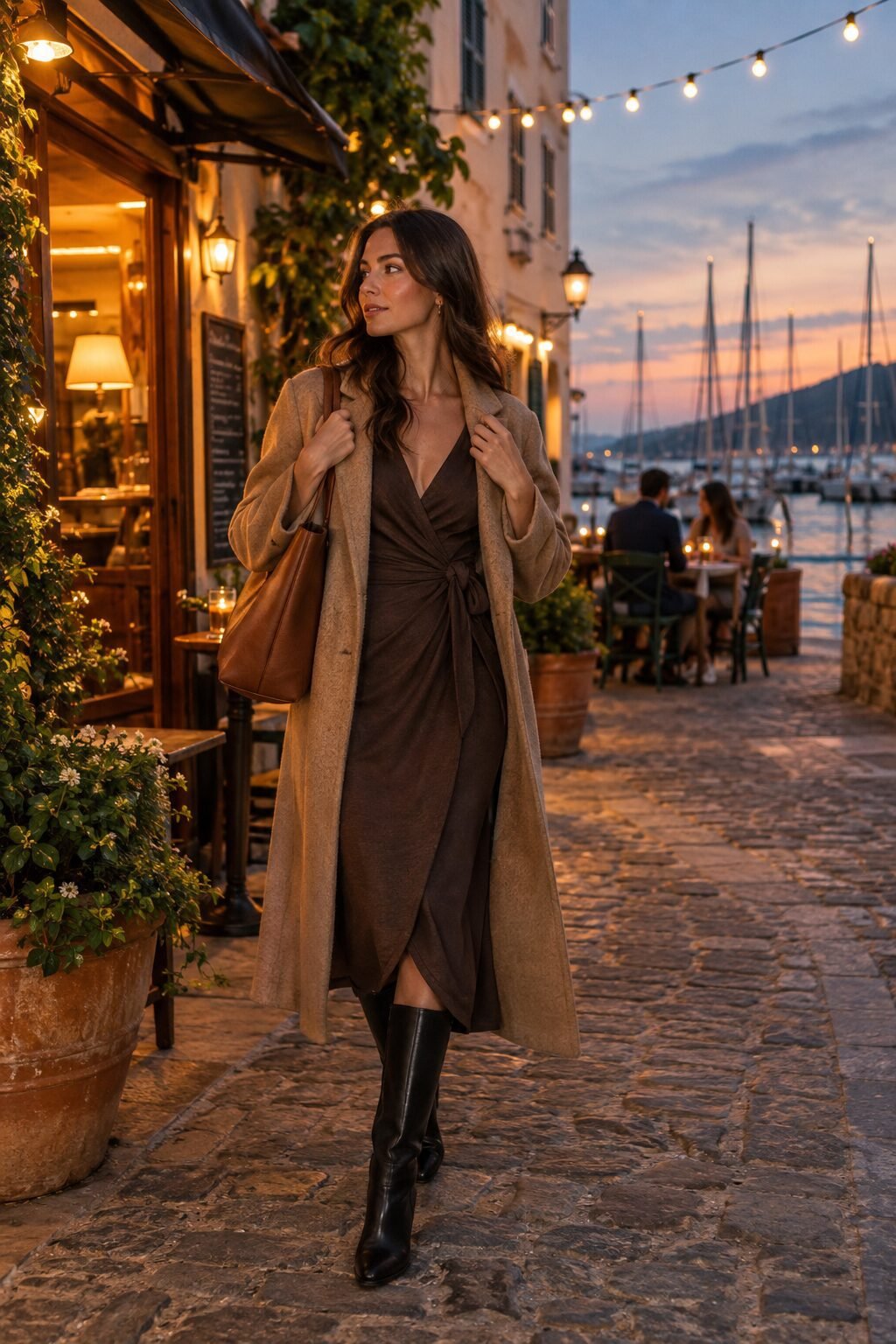 old money capsule wardrobe dinner outfit: chocolate wrap dress, camel wool coat, black knee-high boots, cognac tote