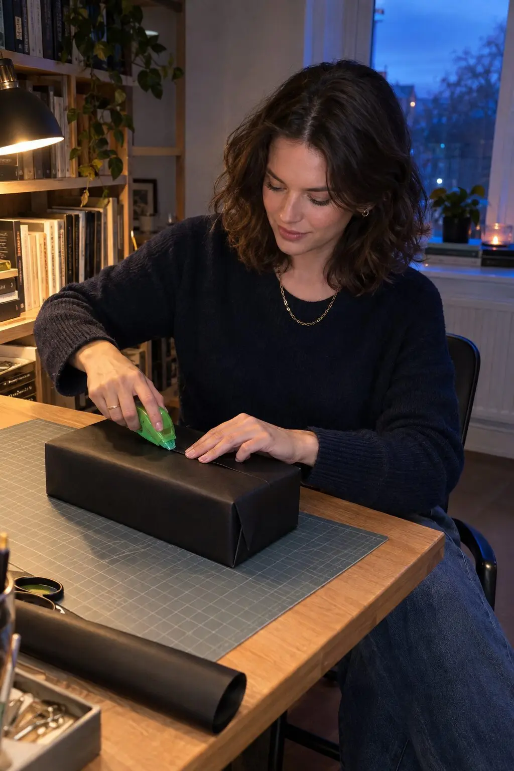 how to wrap a present elegantly: hands pressing a clean seam on a black wrapped gift with no visible tape