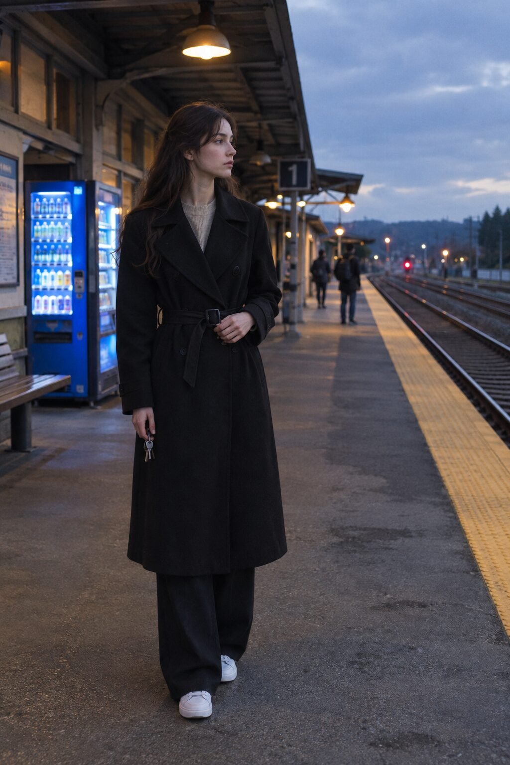 college capsule wardrobe outfit: beige cashmere sweater, black wide-leg trousers, black trench coat and white leather sneakers