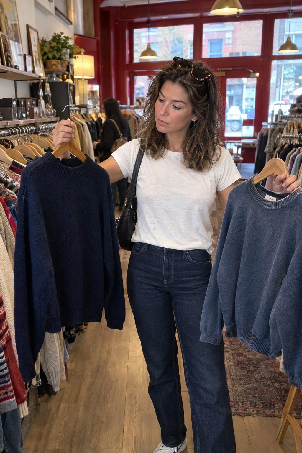 woman comparing a deep navy knit against a flat faded one on a shop rail in soft light