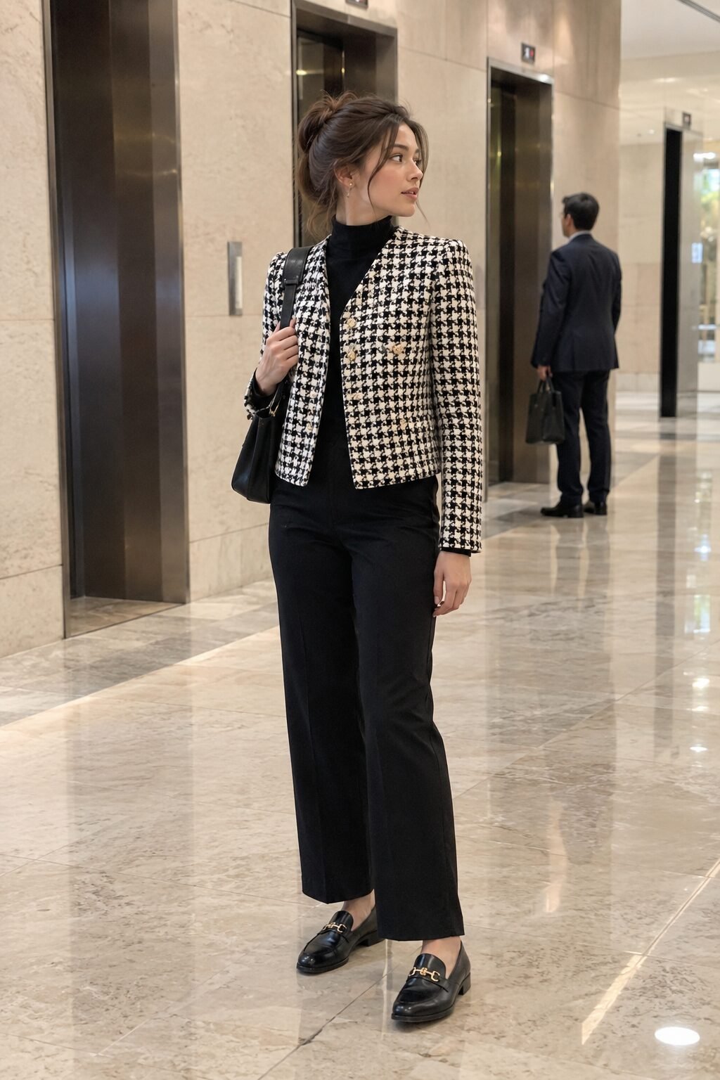 winter office outfit: houndstooth blazer, black turtleneck, and straight-leg trousers for presentation day