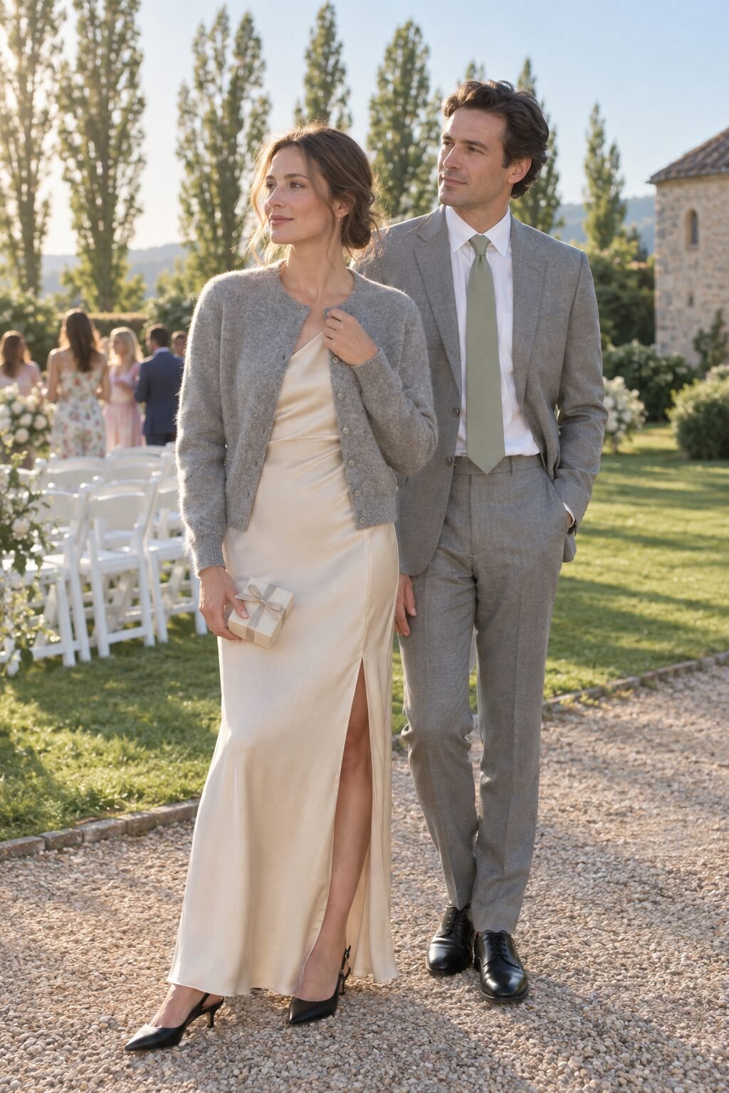 old money wedding guest outfit for women: champagne satin one-shoulder maxi dress, grey cashmere cardigan and black slingback pumps