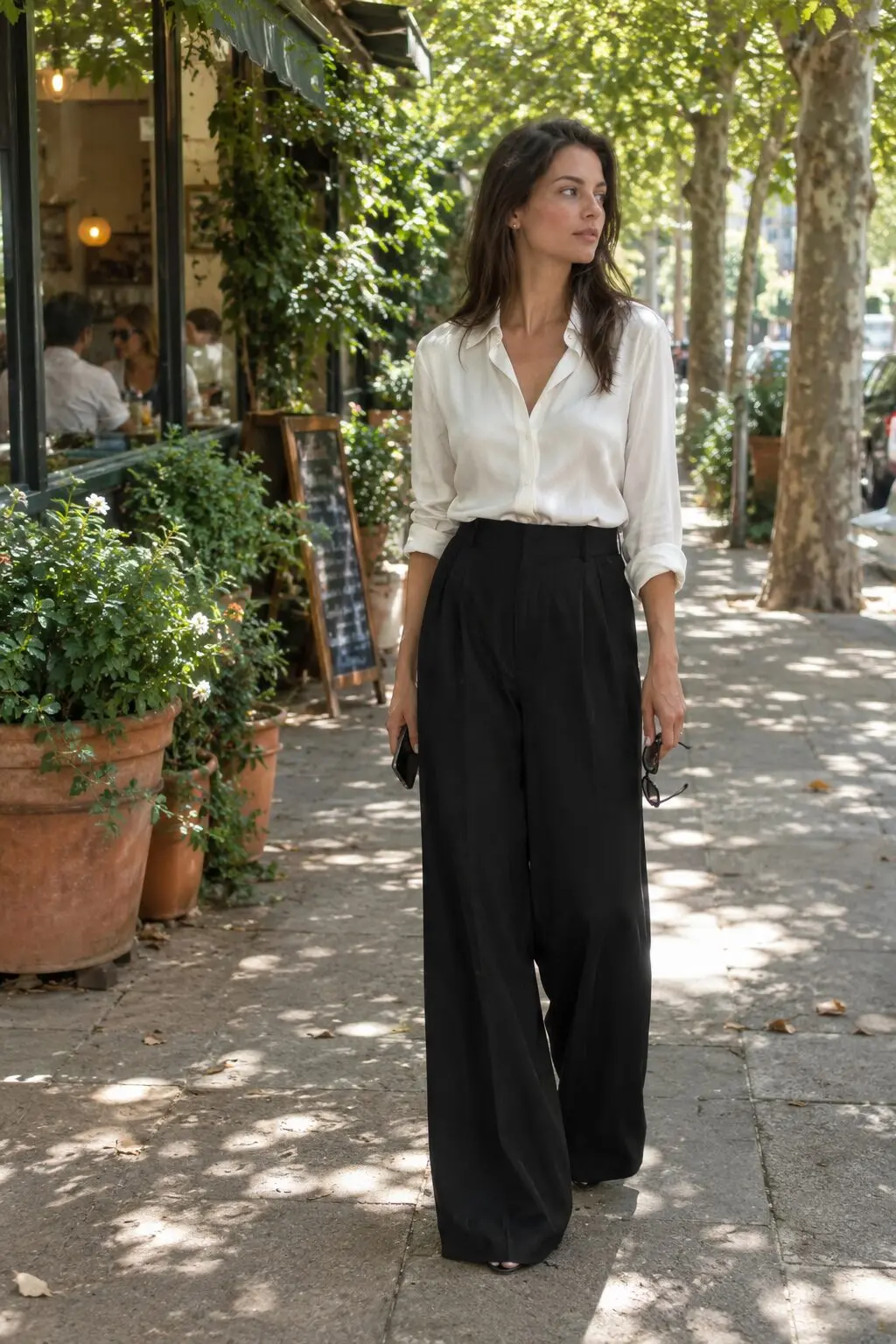wide-leg trousers outfit with an ivory silk notch collar blouse tucked in for a dinner or client meeting
