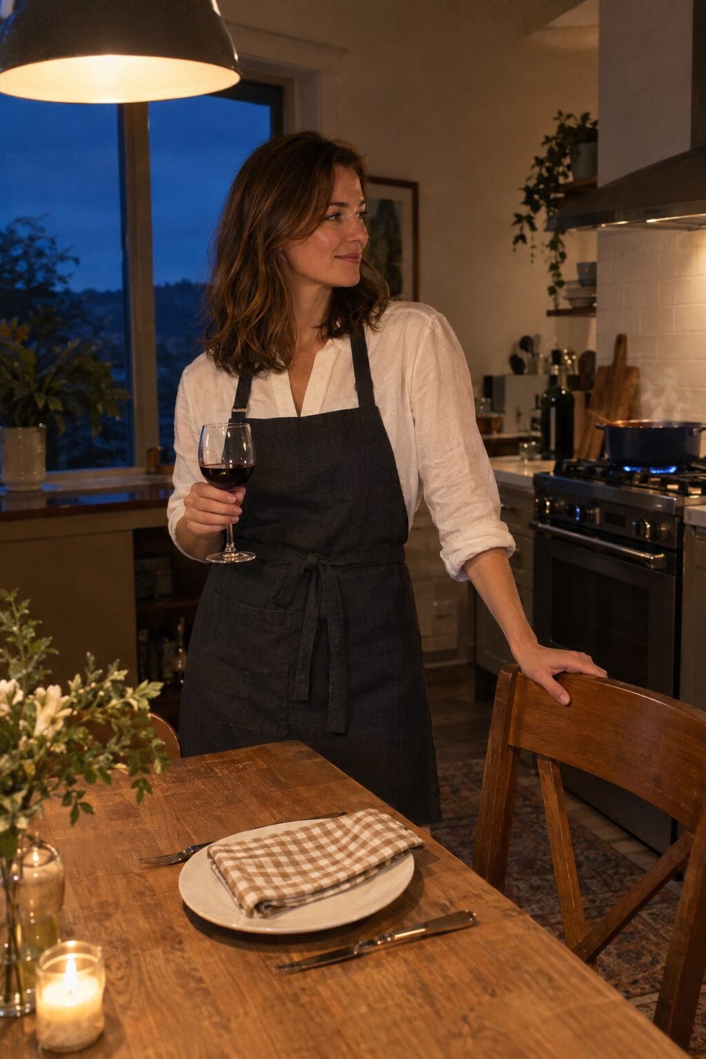 woman and her husband cooking dinner together in a warm kitchen, a table set with linen napkins, a luxurious weekend ritual
