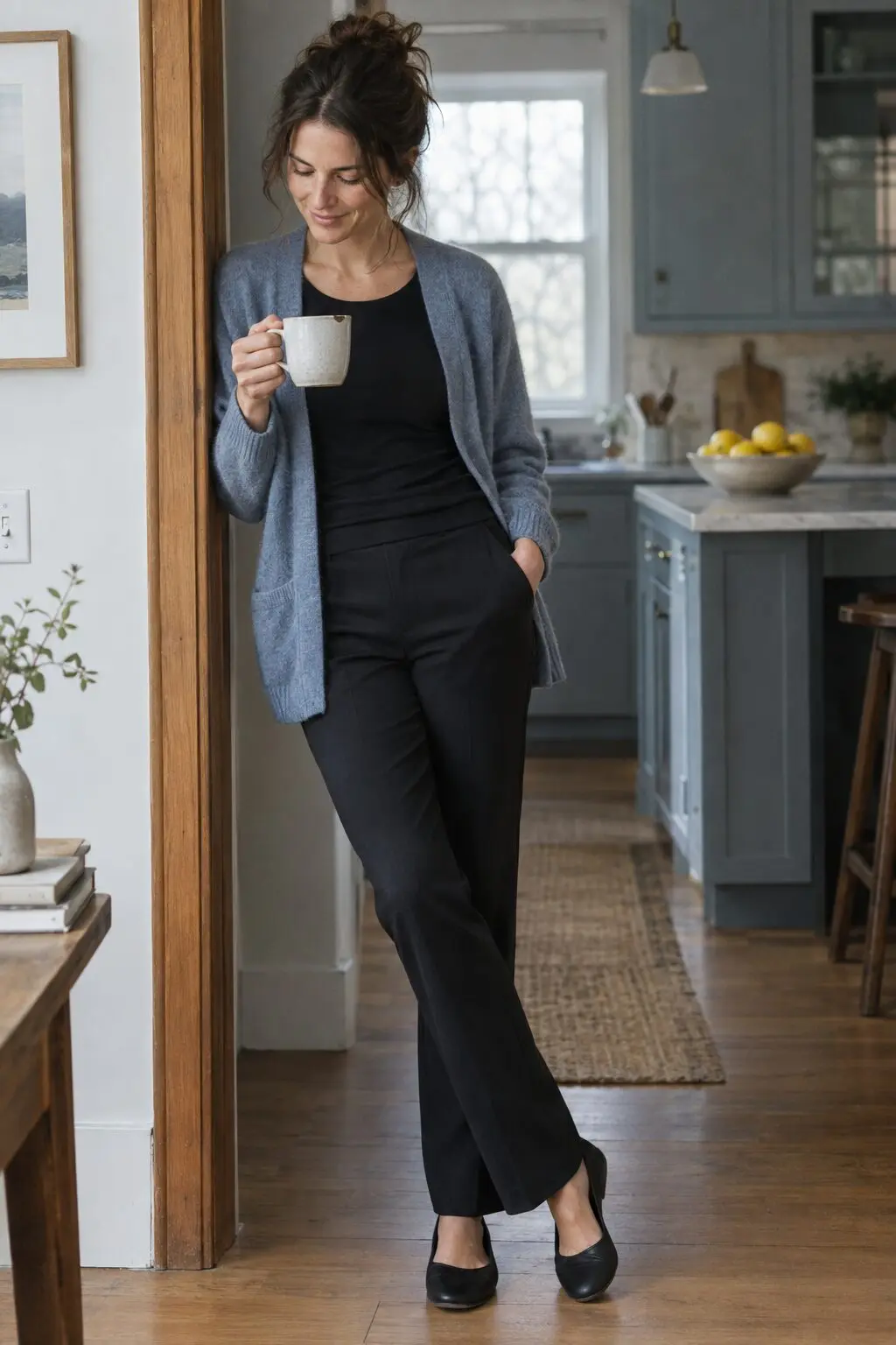 casual chic coffee run outfit: soft blue-grey cashmere cardigan with black straight ponte pants