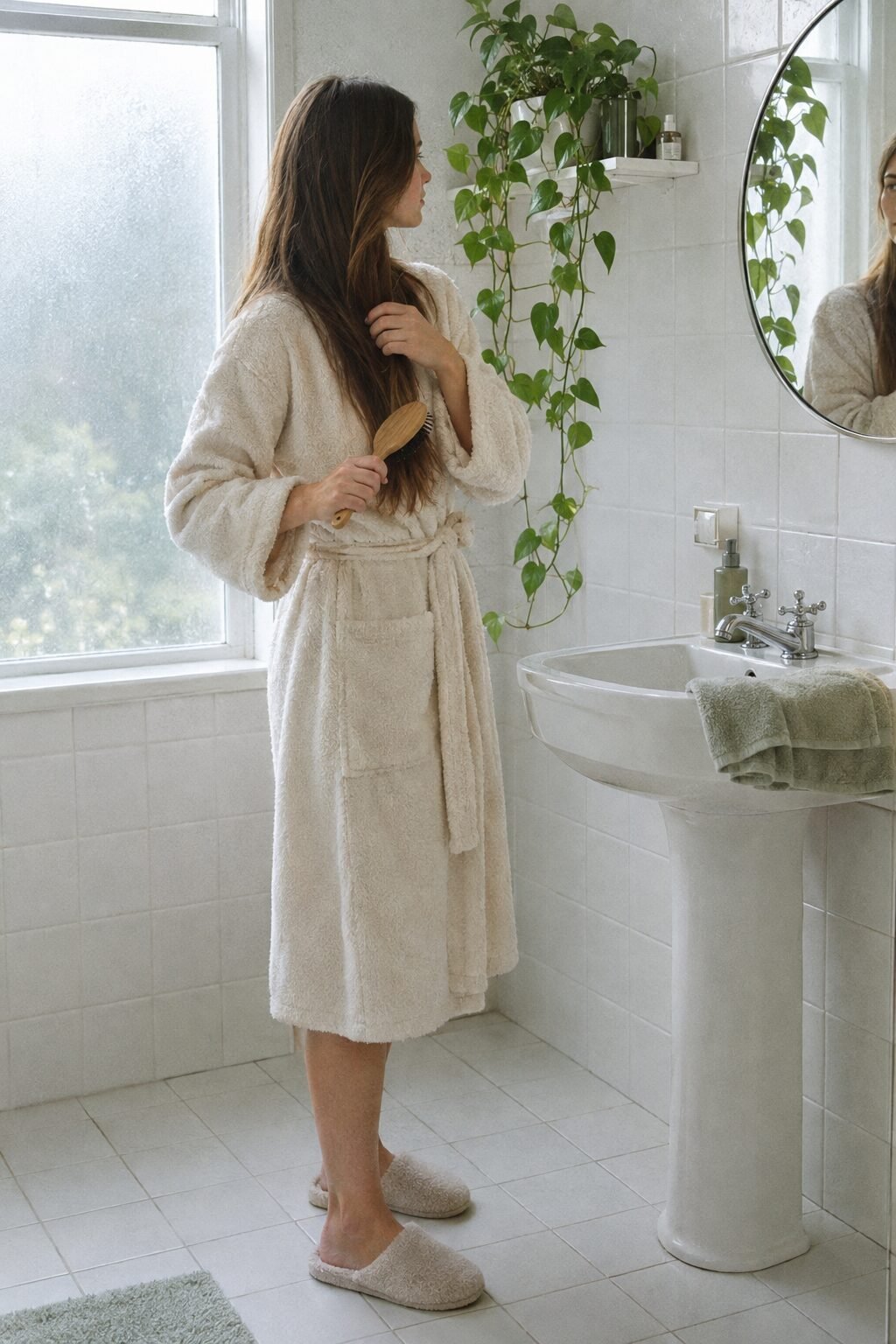 A woman brushing her hair in front of a bathroom mirror in natural light