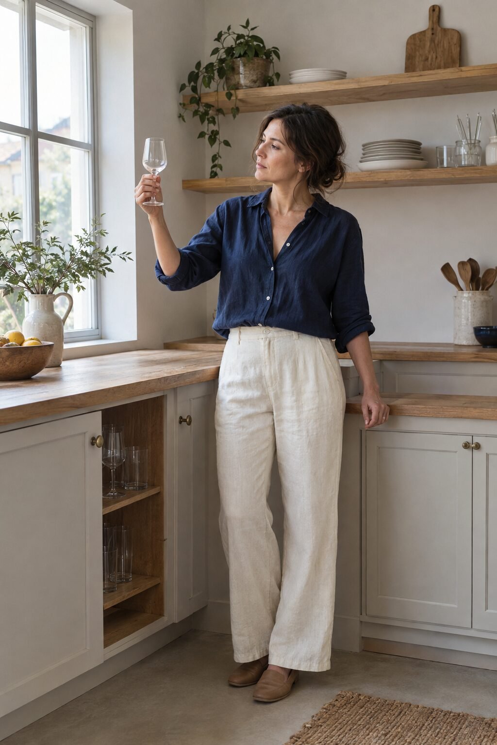 Woman at a kitchen shelf holding one simple wine glass up to the window light, an open cabinet of stemware behind her