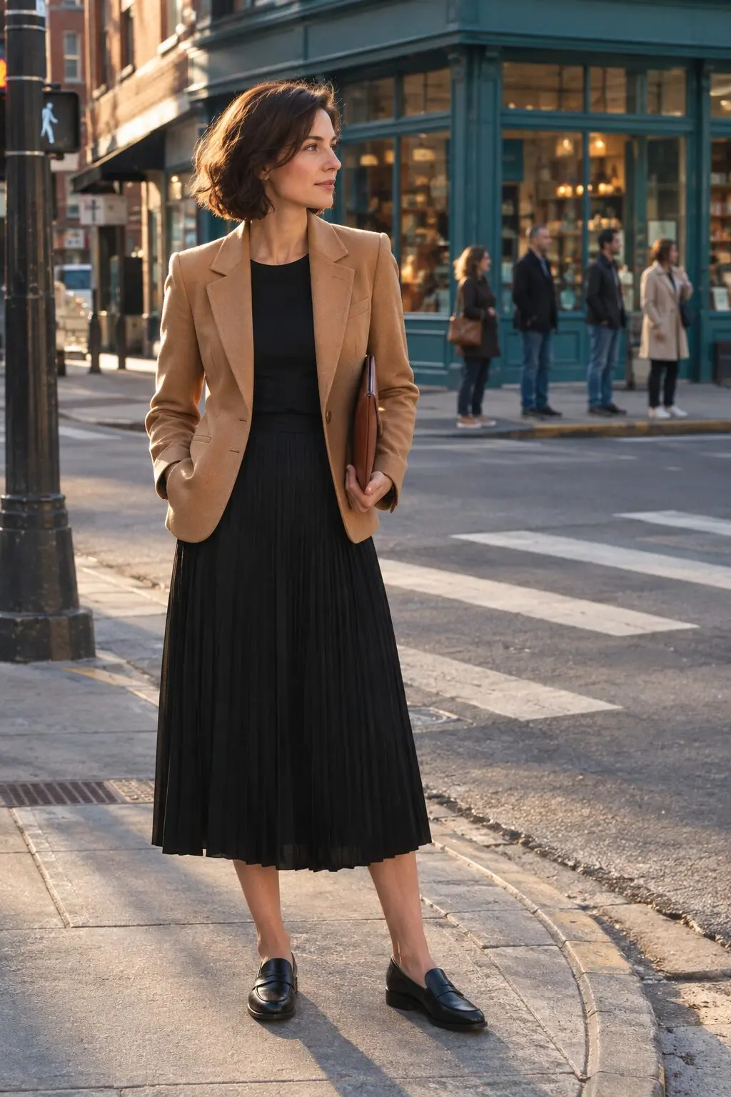 how to style a midi skirt with a blazer: camel single-breasted wool blazer over a black pleated midi skirt with black loafers
