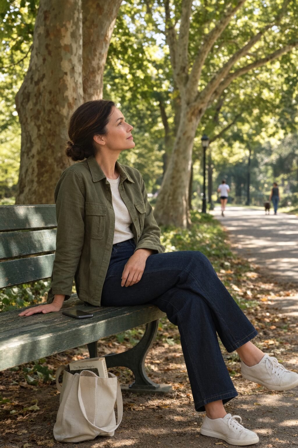 woman sitting on a park bench with her phone face down beside her, looking at trees, keeping her private life private