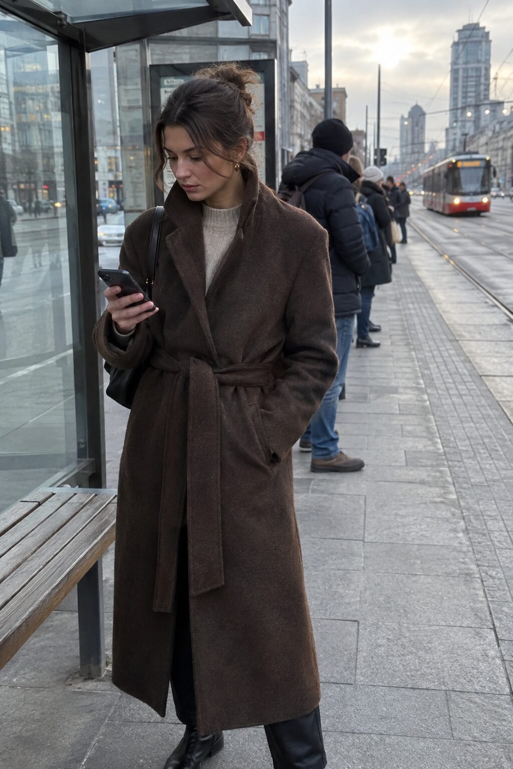 old money winter outfit: long brown belted funnel-neck wool-blend coat over a canvas cashmere boxy crewneck