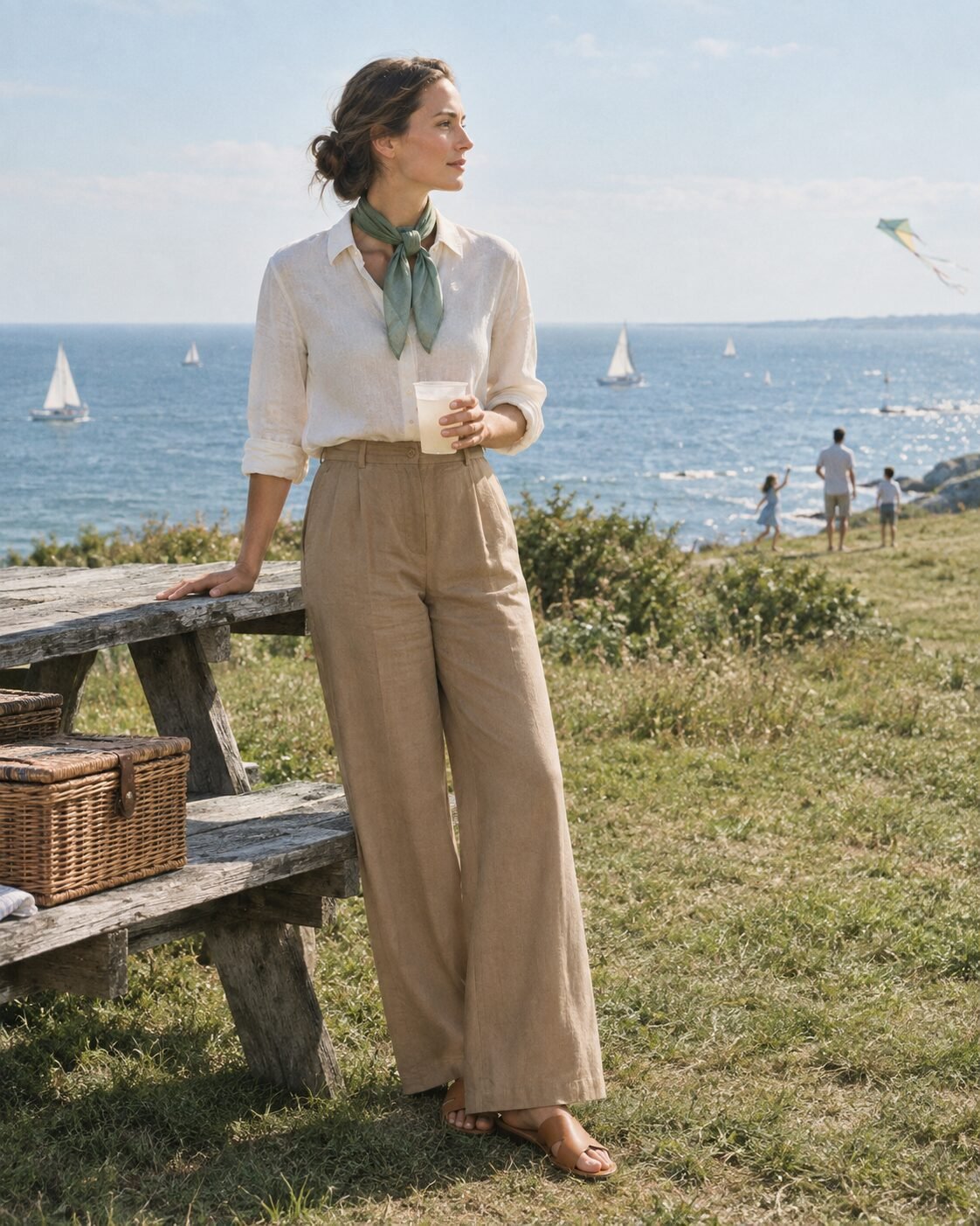 woman in a cream and camel neutral outfit with one soft sage accent, classy casual outfit idea