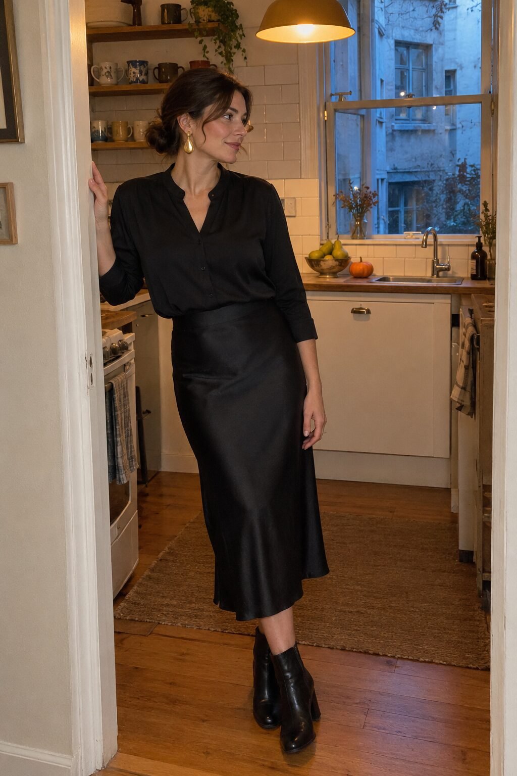 Halloween date night outfit: black silk blouse, black silk midi slip skirt, black ankle boots, and antique gold statement earrings