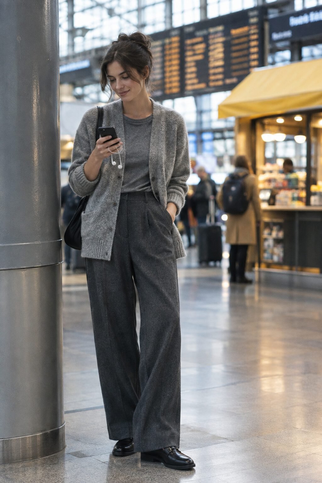 heather stone grey alpaca cardigan with heathered grey ponte wide-leg trousers, tonal wrinkle free travel outfit