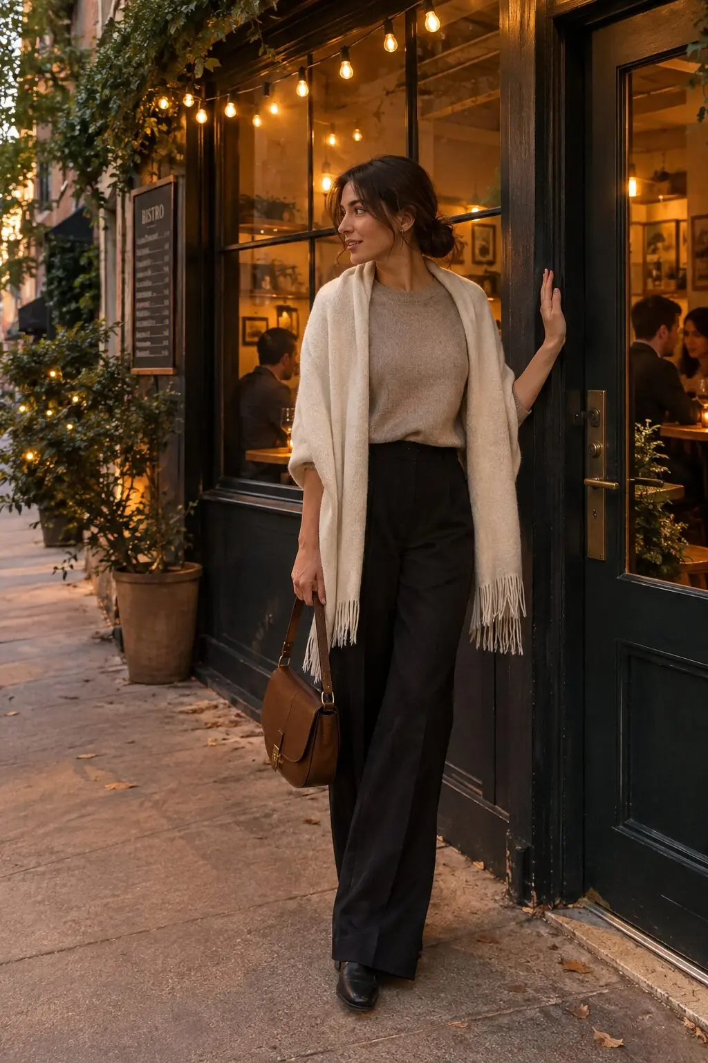 cashmere capsule wardrobe dinner outfit: oatmeal cashmere sweater tucked into black tailored trousers with an ivory cashmere wrap over the shoulders