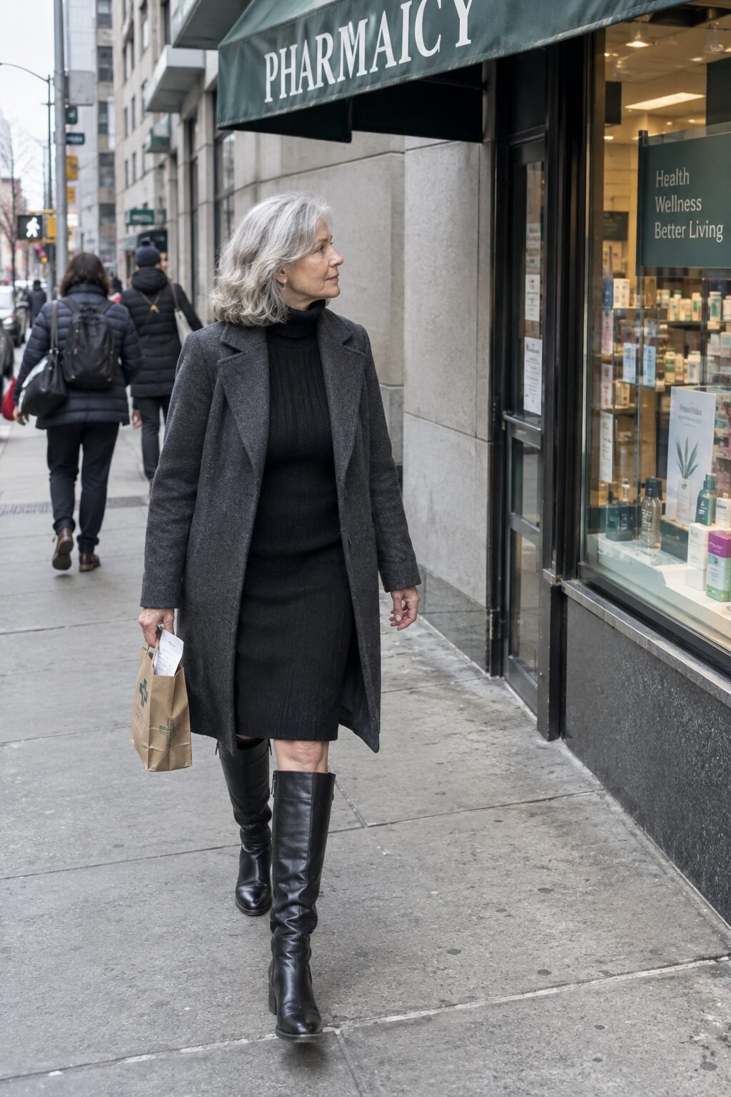 warm winter outfit for a woman in her 70s: charcoal wool coat over a black cashmere sweater dress with black leather knee-high boots