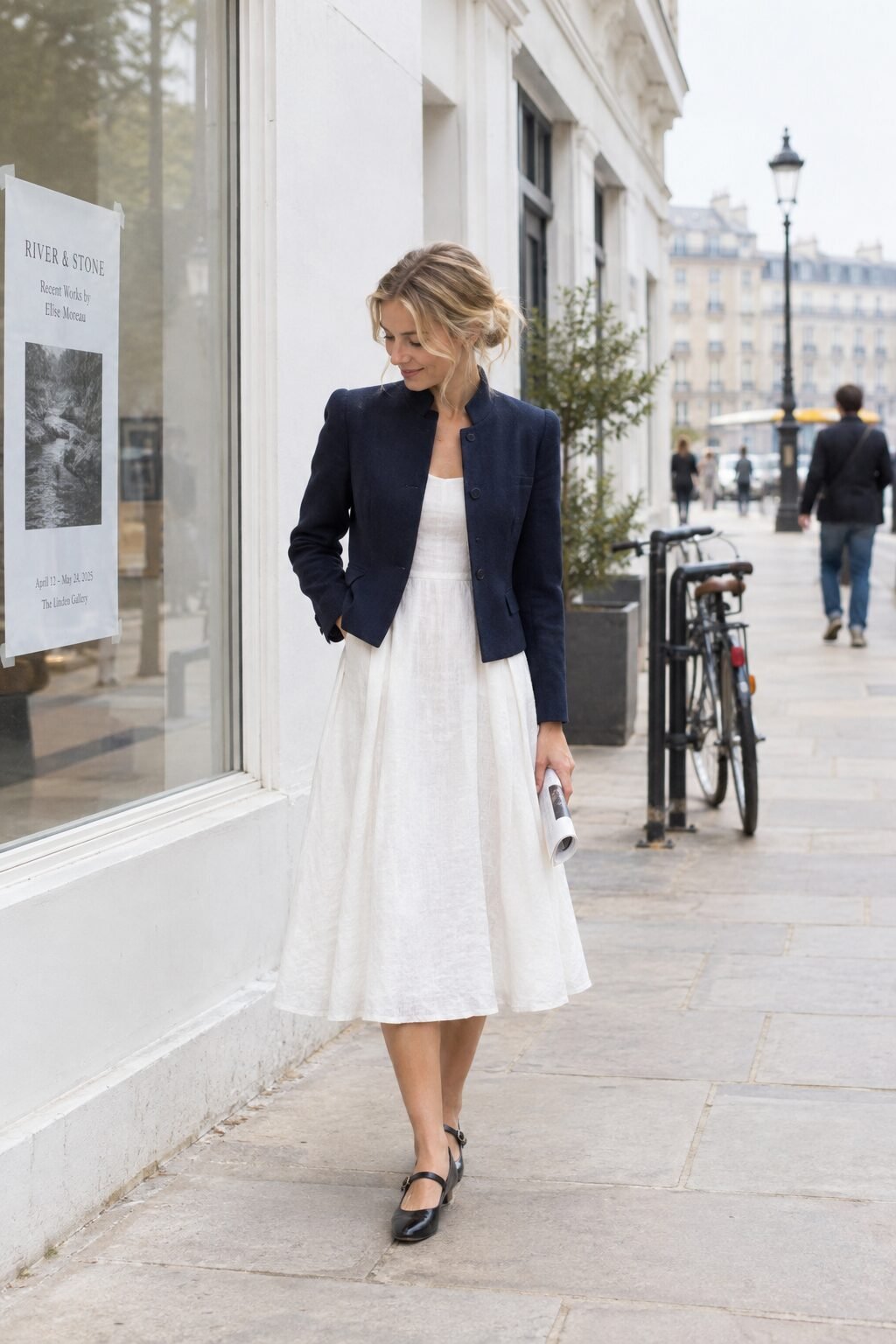 old money dress outfit: white linen midi dress with a navy wool blazer and black leather mary jane flats