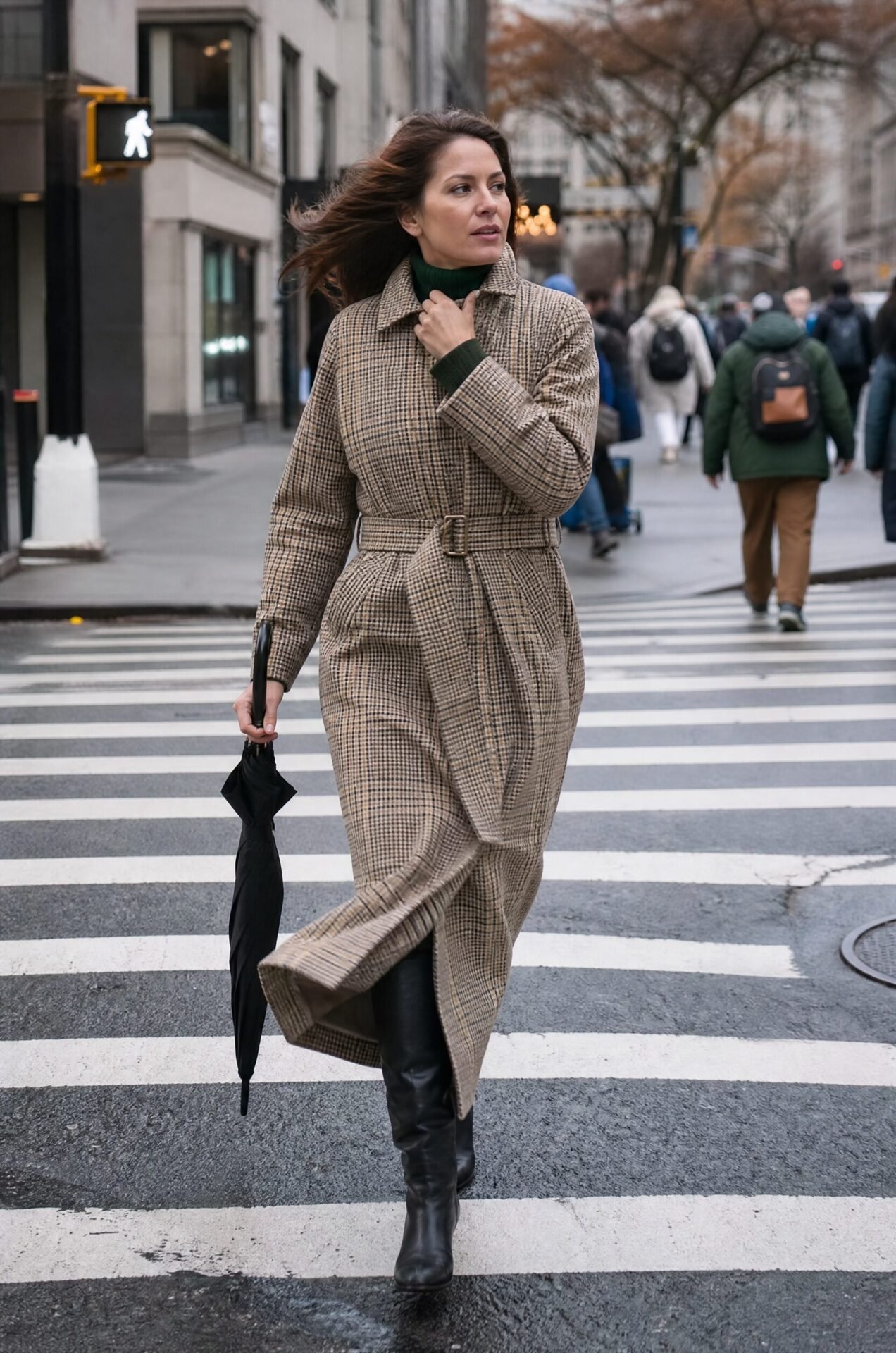 dark academia fall outfit: tan plaid trench coat, dark green cashmere turtleneck, and knee-high boots