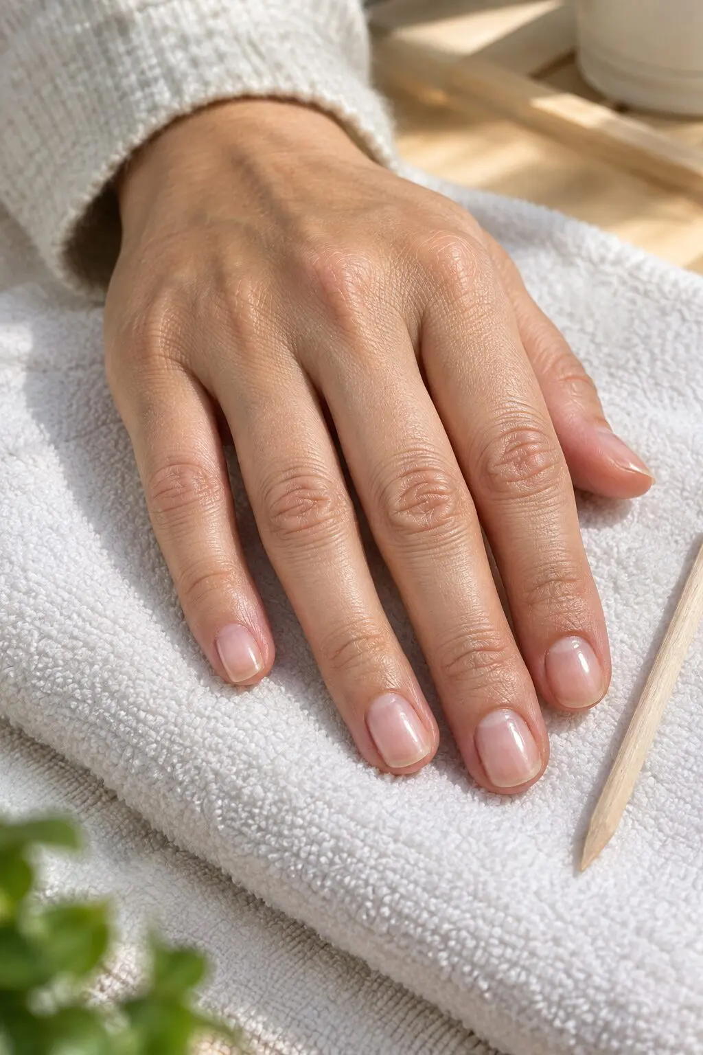 close-up of a hand with neat, gently pushed-back cuticles resting on a white towel beside a wooden orange stick