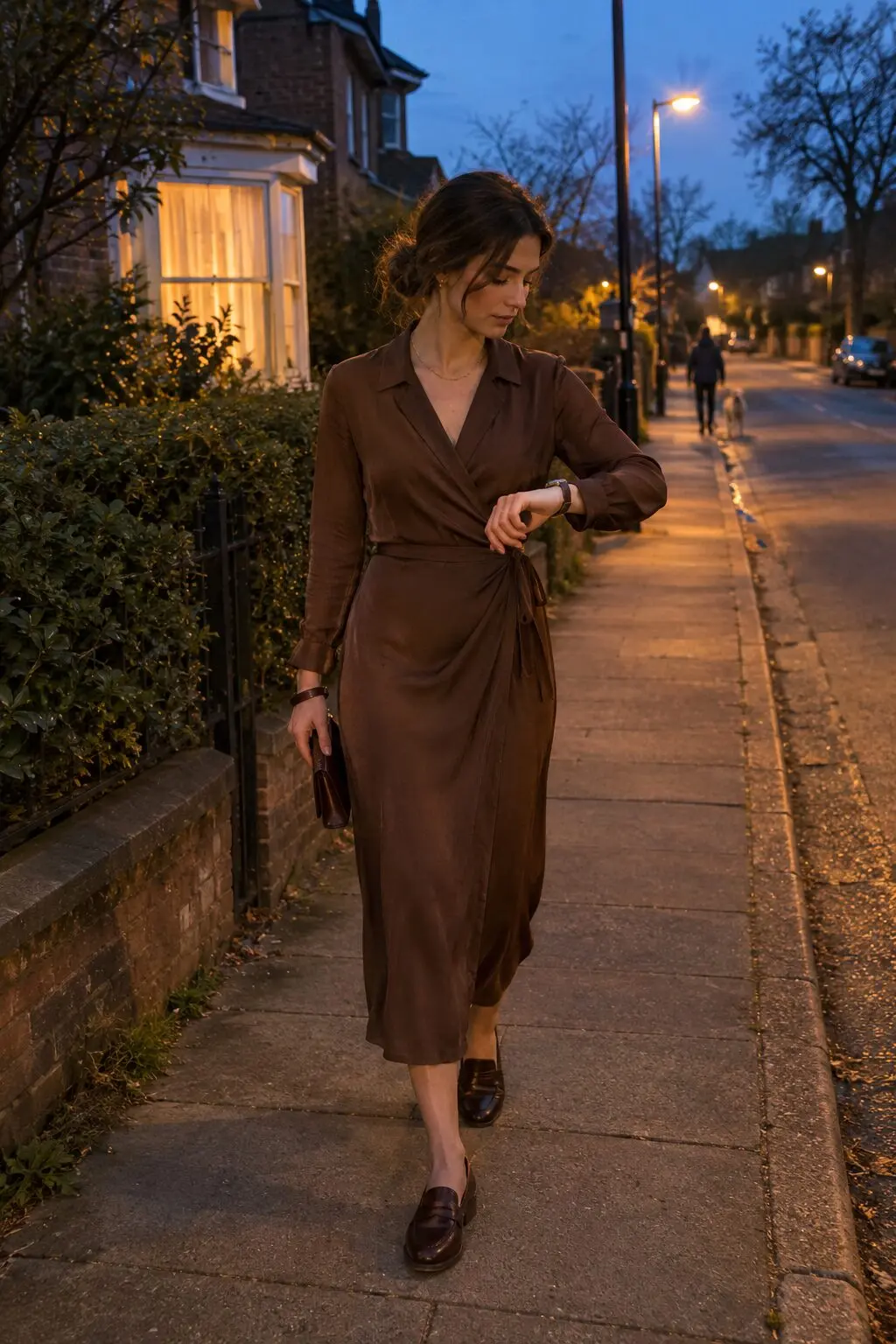 wrinkle-free travel capsule wardrobe dinner outfit: brown wrap dress styled for evening with cocoa loafers