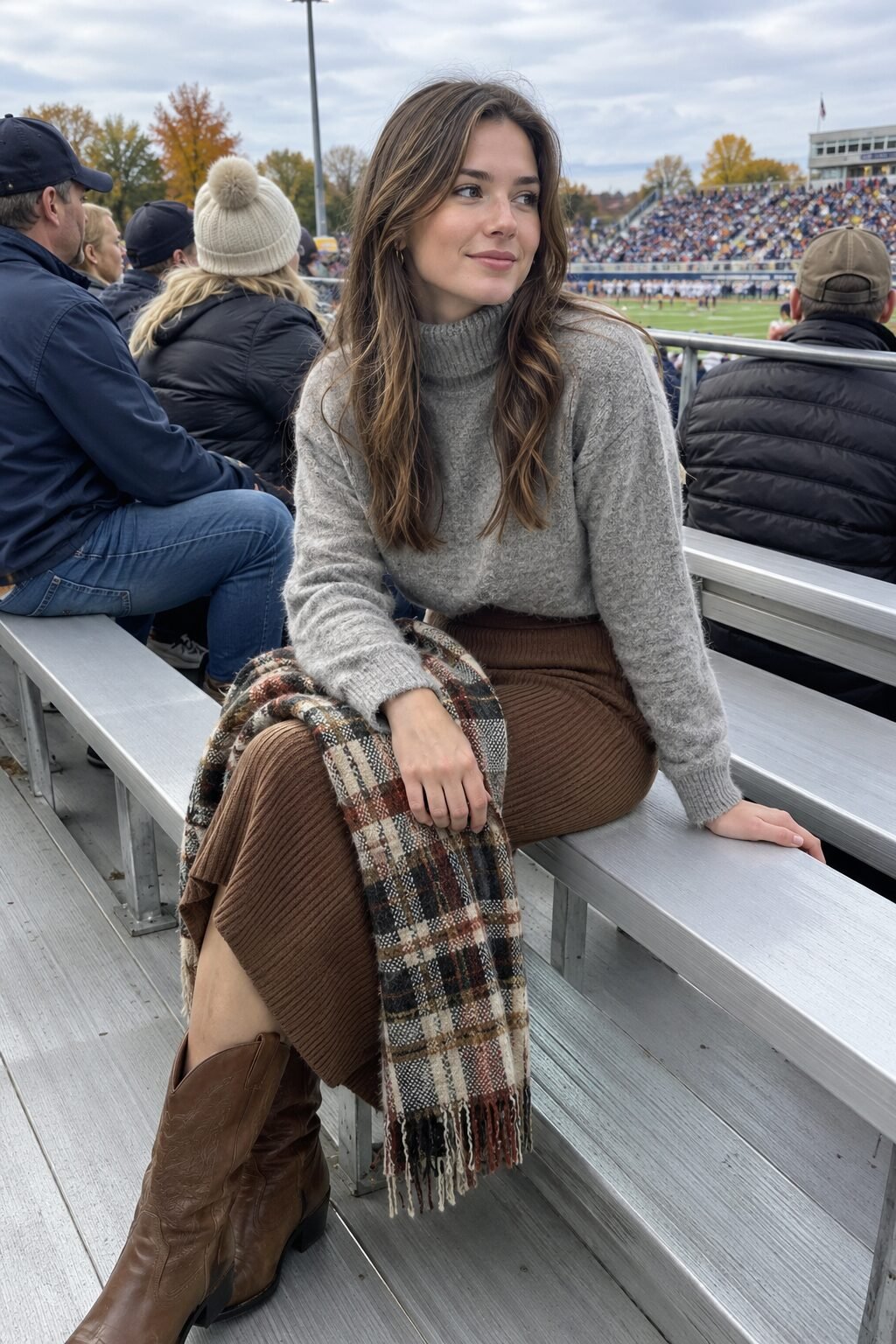 old money game day outfit: heather grey cashmere fisherman turtleneck, teak brown cashmere midi skirt, and tall saddle leather boots