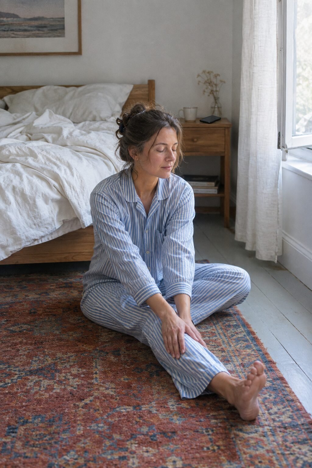 a woman in a soft cotton pajama set stretching slowly on a rug beside her bed in pale morning window light, phone left face-down on the nightstand