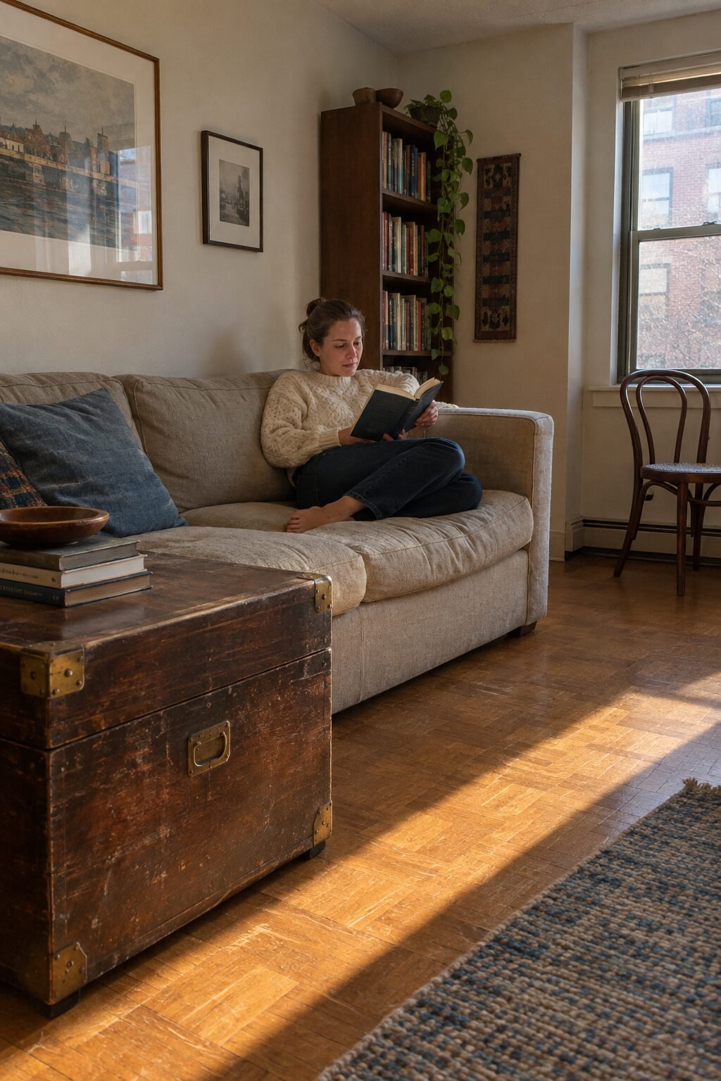italian villa style at home living room mixing an antique wooden trunk with a modern linen sofa, woman curled up with a book