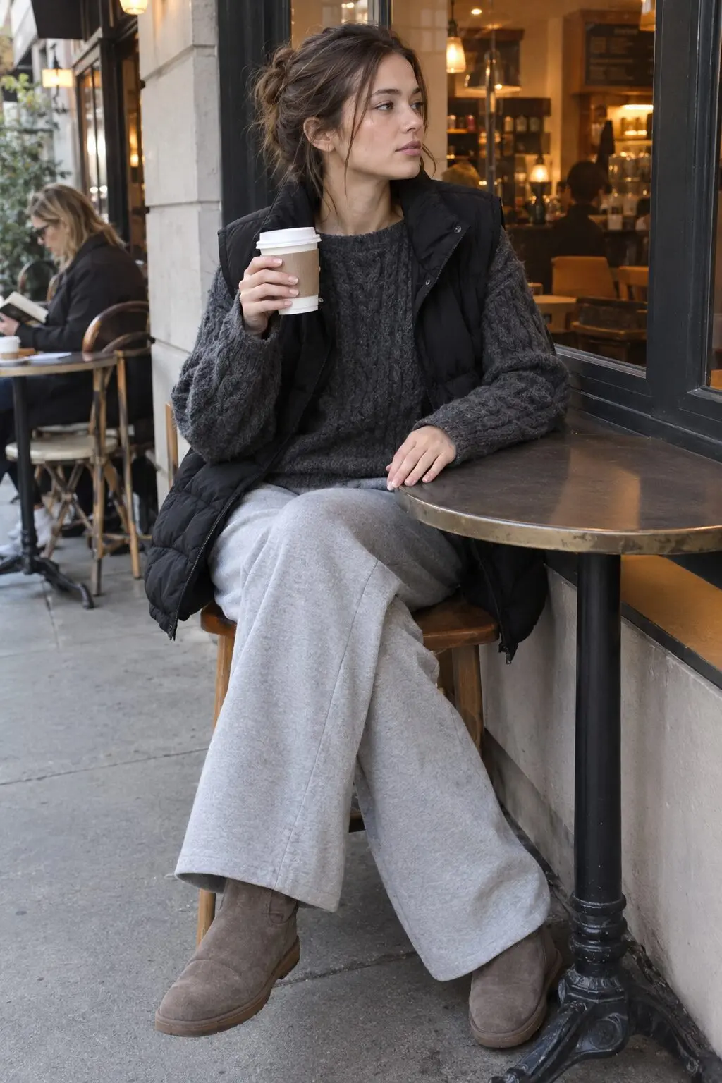 how to style a quilted vest with a chunky knit sweater: black quilted vest over a heather charcoal boatneck sweater and wide-leg sweatpants
