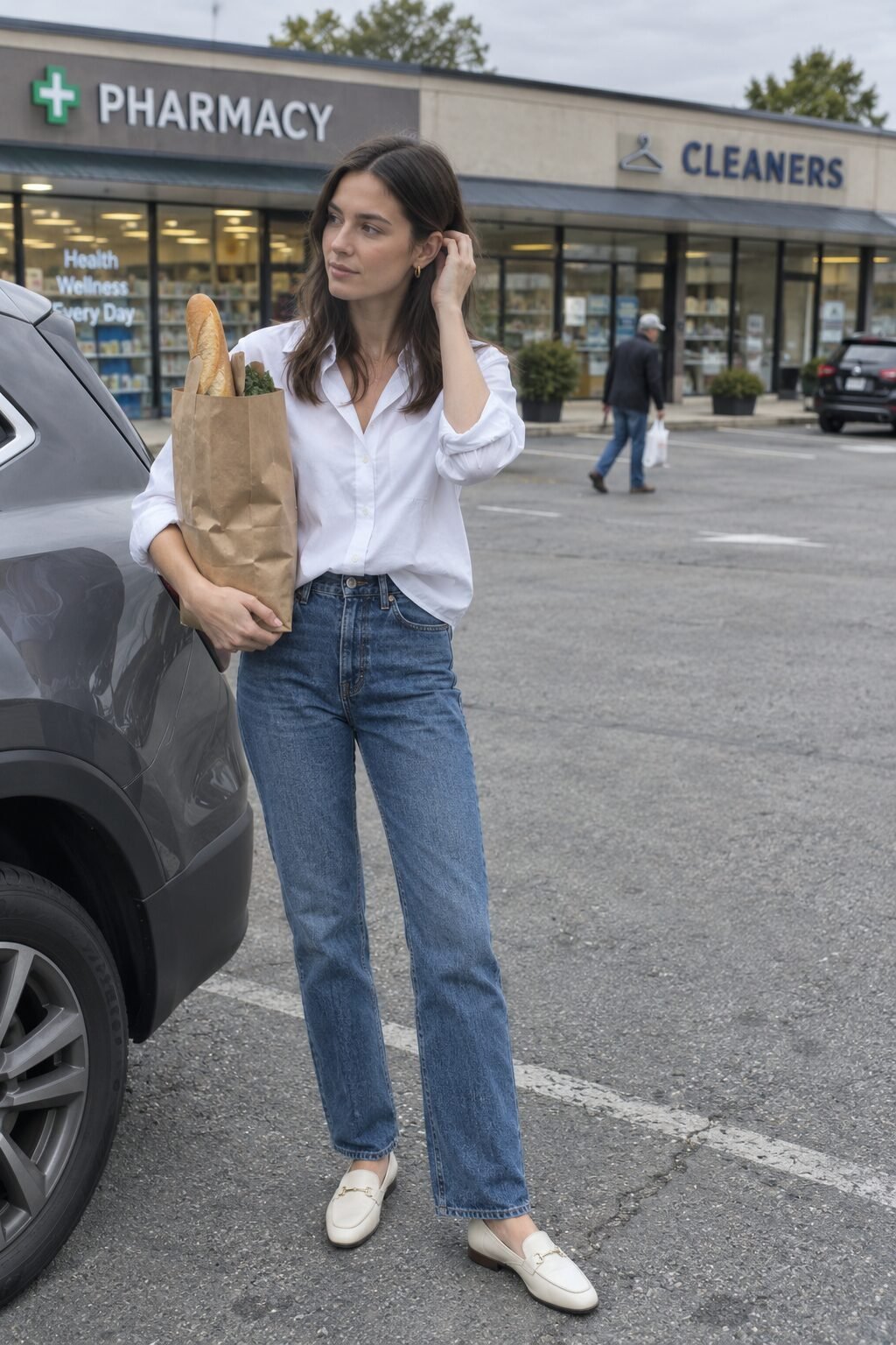 casual travel capsule outfit: white poplin shirt, medium indigo straight-leg jeans, and ivory loafers