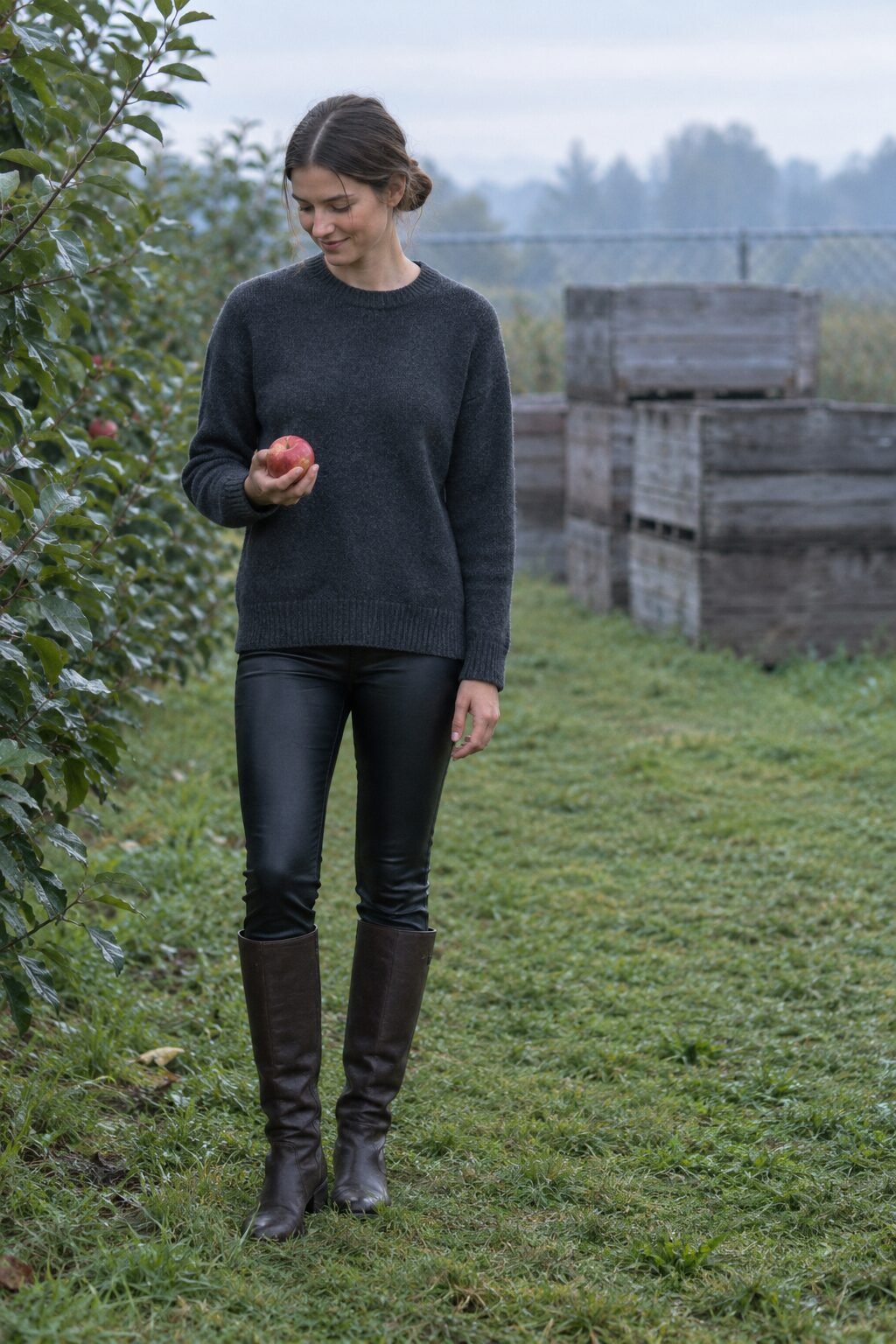 fall orchard outfit: black faux leather leggings and dark brown knee-high boots