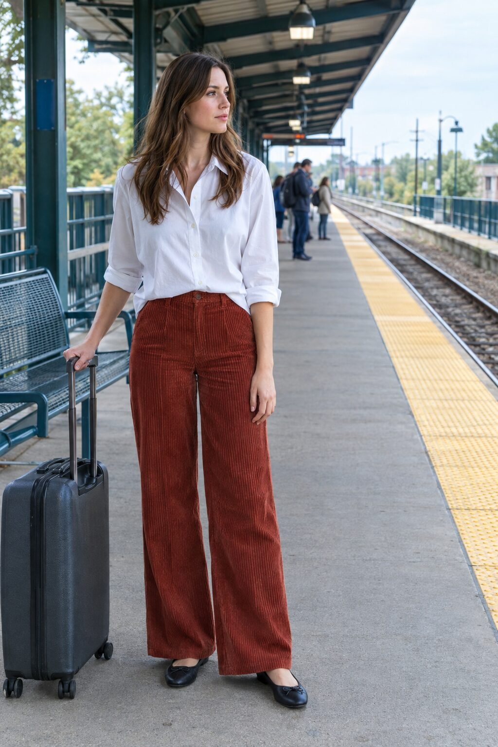 how to style corduroy pants with a white poplin shirt, brick red wide-leg corduroy pants and black leather ballet flats