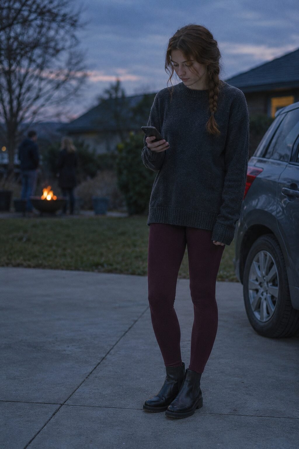 woman in a charcoal merino sweater, wine leggings and black leather boots for a cozy Halloween cider and bonfire night