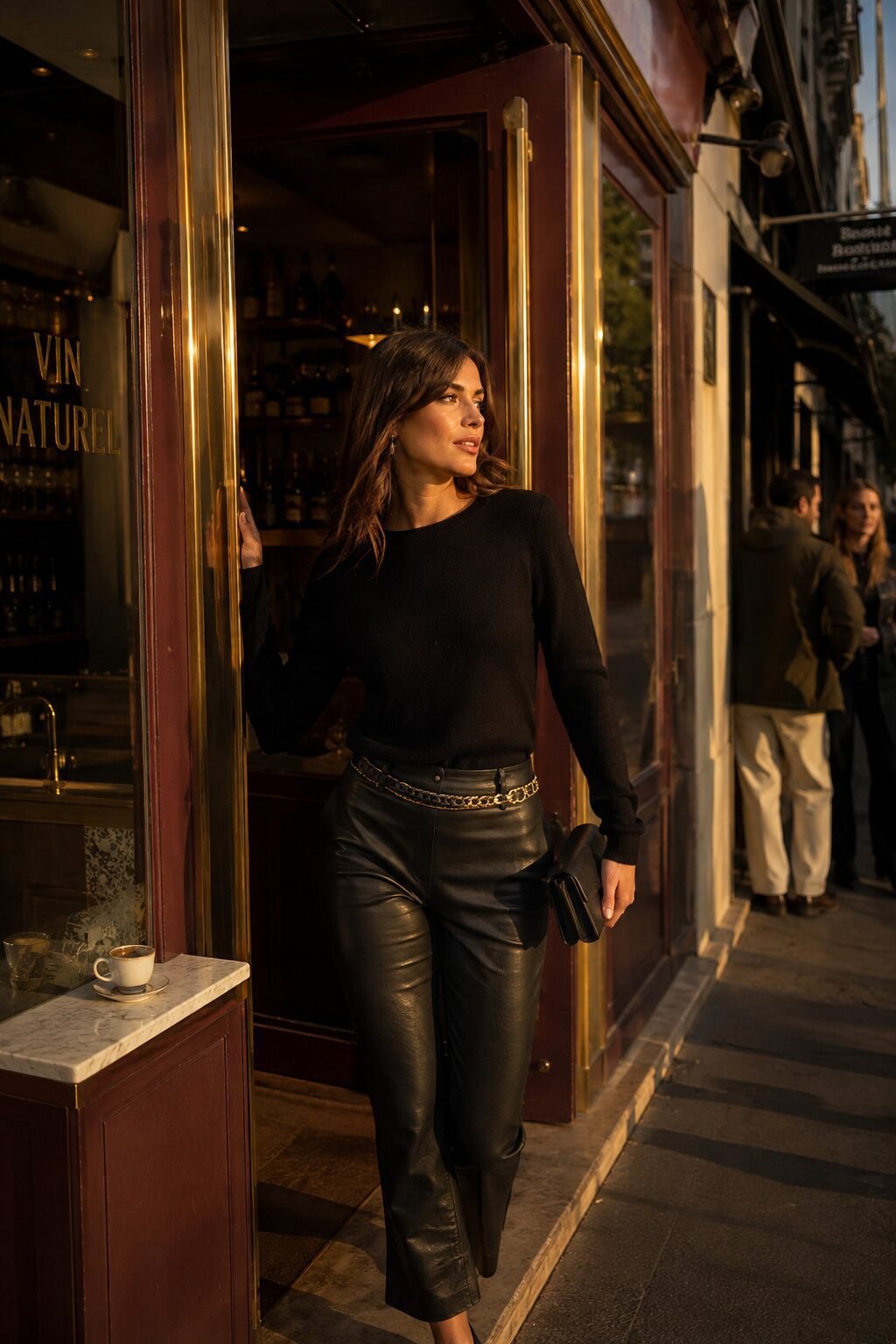 woman wearing a black cashmere sweater tucked into slim leather trousers for an evening look