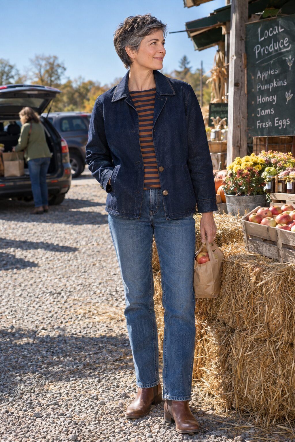 coastal grandmother fall outfit: navy denim barn jacket, tobacco striped tee and relaxed blue jeans
