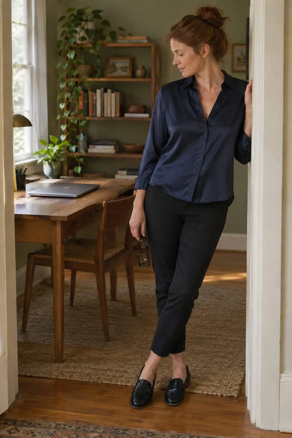 wrinkle-resistant black ankle pants with navy satin blouse and black penny loafers for work-from-home days