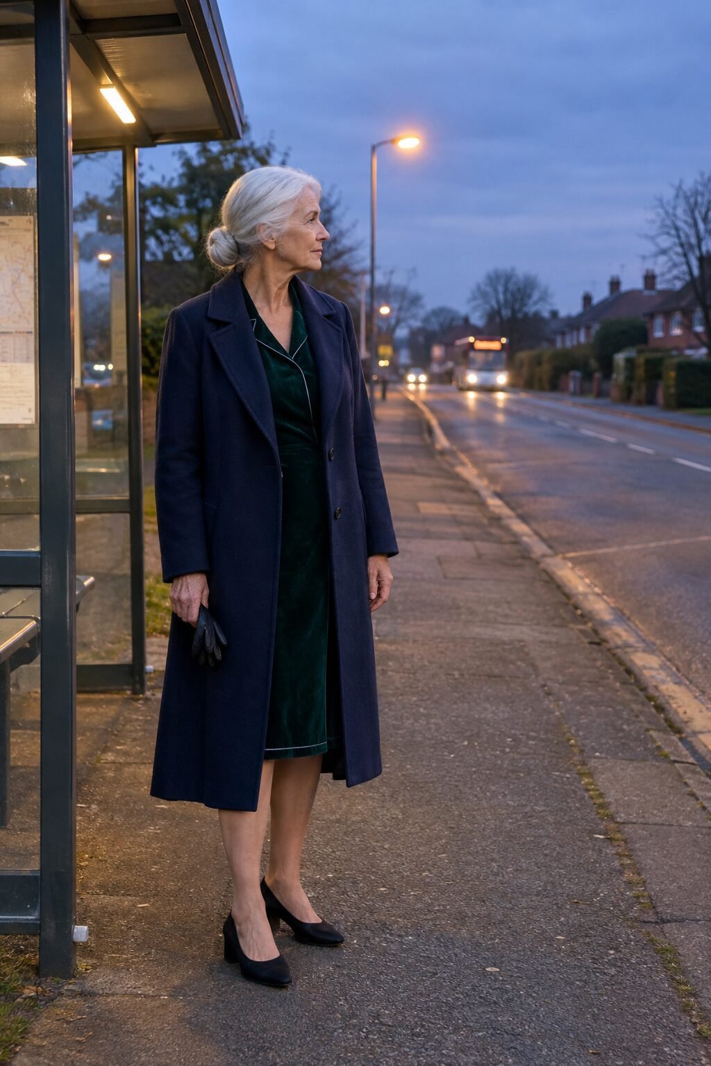 Christmas Eve church outfit for women in their 70s: navy wool coat over a deep green piped velvet dress