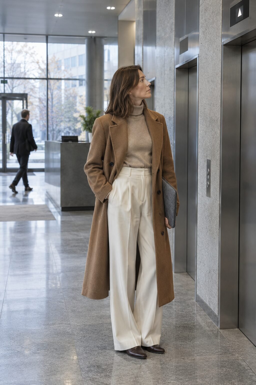 winter white old money outfit: ivory pleated wide-leg trousers with a camel-beige cashmere turtleneck and a long camel hair wrap coat