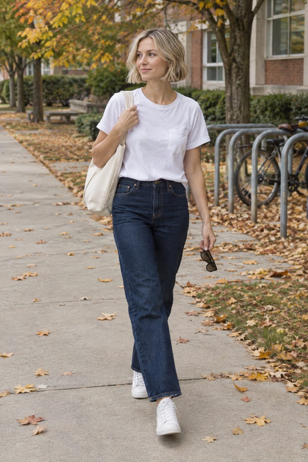 elevated neutral teacher outfit for casual Friday: white pocket tee tucked into dark indigo straight jeans