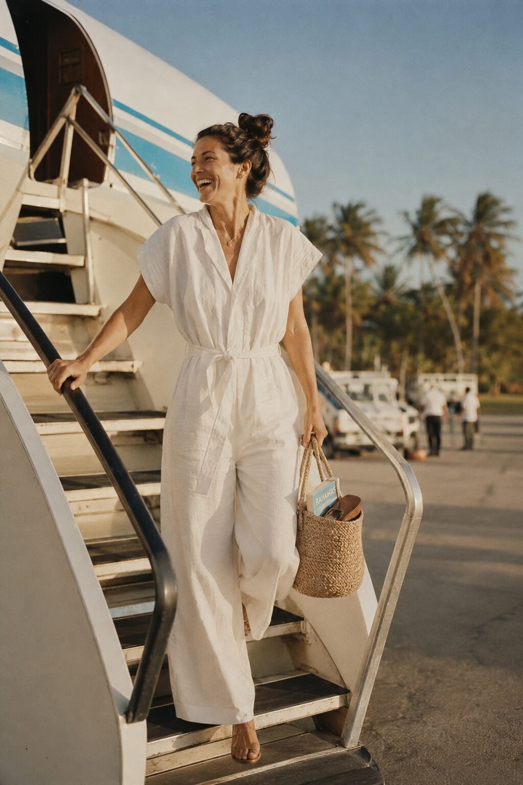 chic travel outfit: white linen jumpsuit and woven tote for a warm-destination arrival