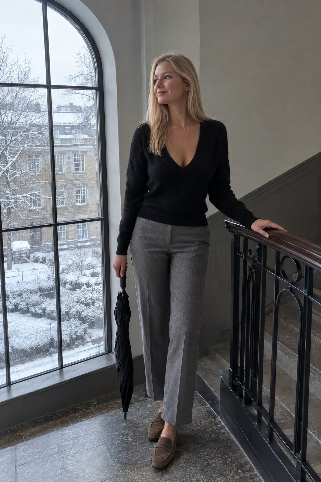 old money office outfit: black V-neck cashmere sweater, grey ponte trousers and mocha suede loafers with a simple gold chain