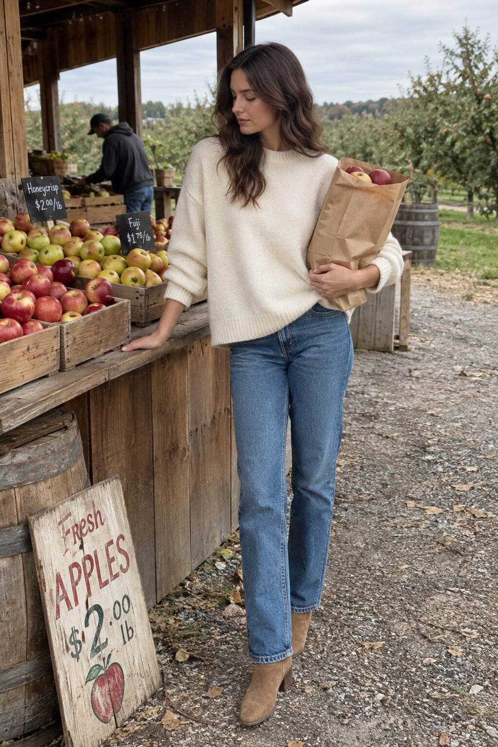 oversized cream sweater and blue straight jeans, a budget-friendly elevated fall outfit for a pumpkin patch day