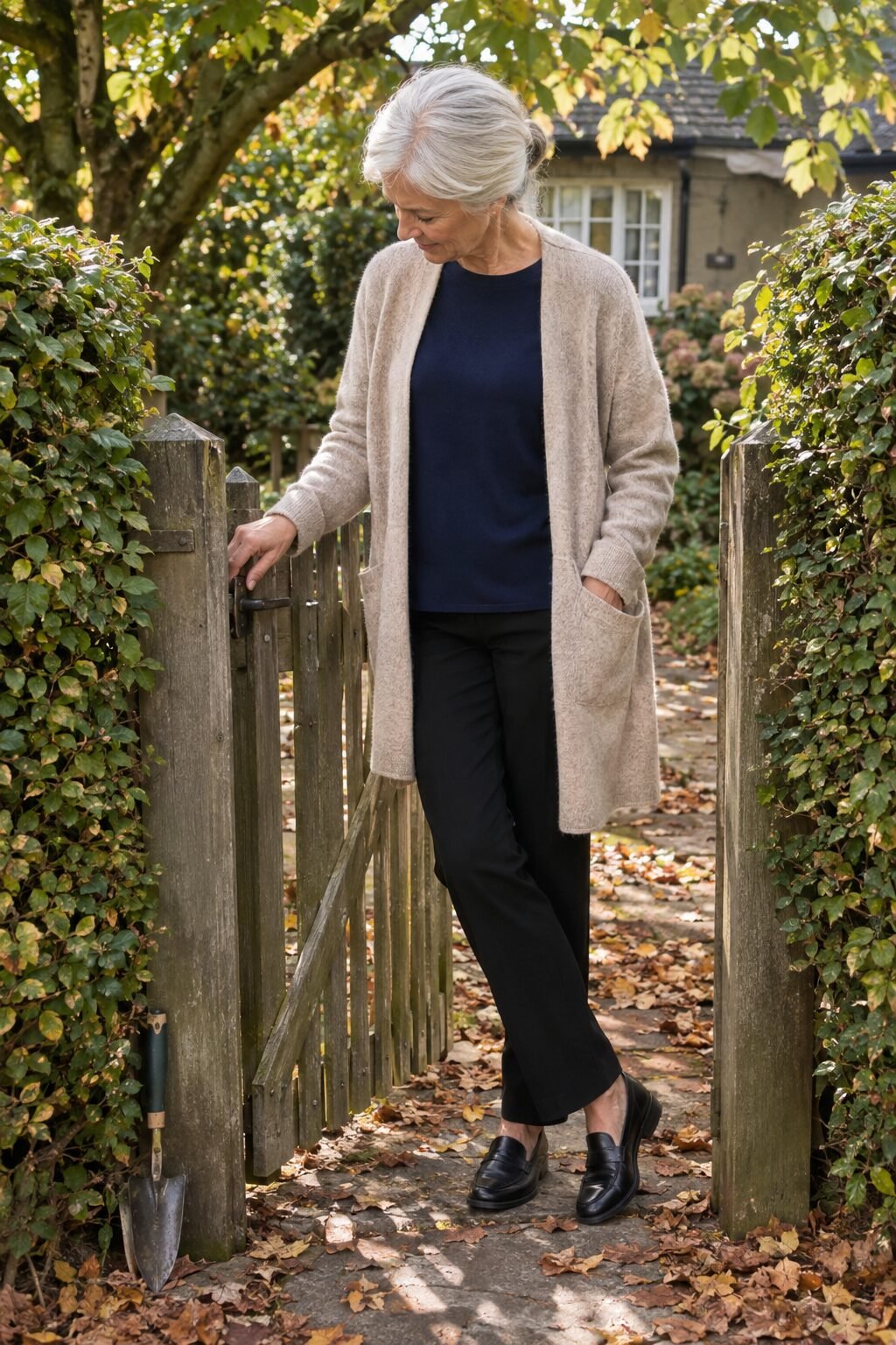 how to style a tunic for women in their 70s: navy crewneck tunic under an open oatmeal cashmere duster cardigan