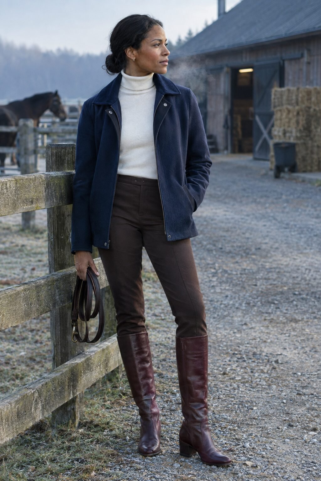 old money countryside fall outfit: espresso ponte trousers tucked into dark merlot knee-high boots for a stable-yard walk