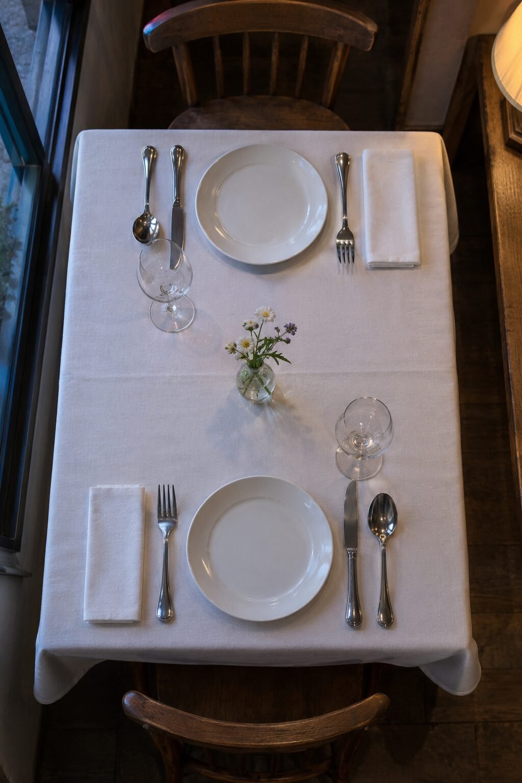 elegant table setting for two with heavy polished silver flatware set in classic order beside white plates