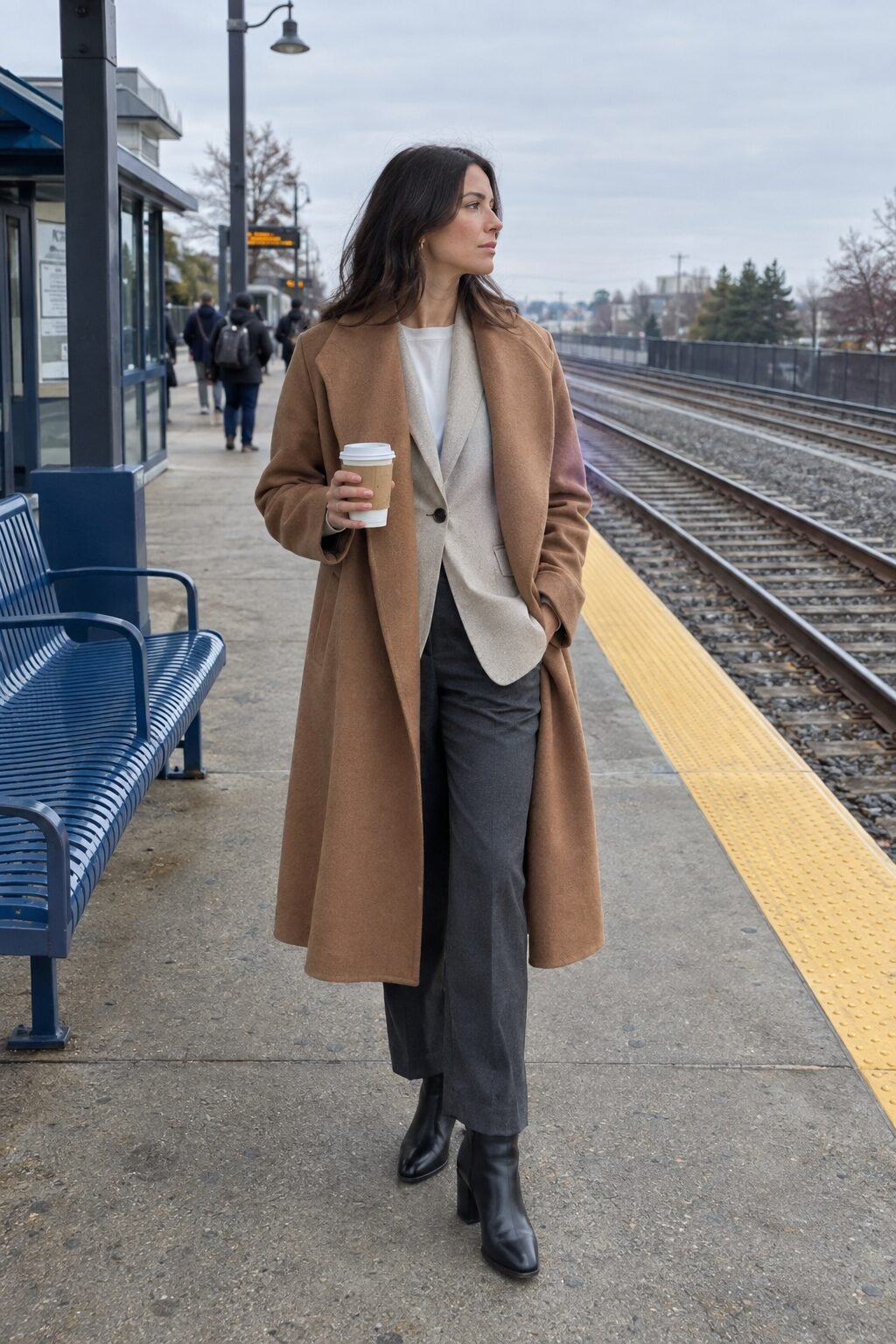 woman in a flax linen blazer and caramel wool wrap coat, classic staples for a rich look
