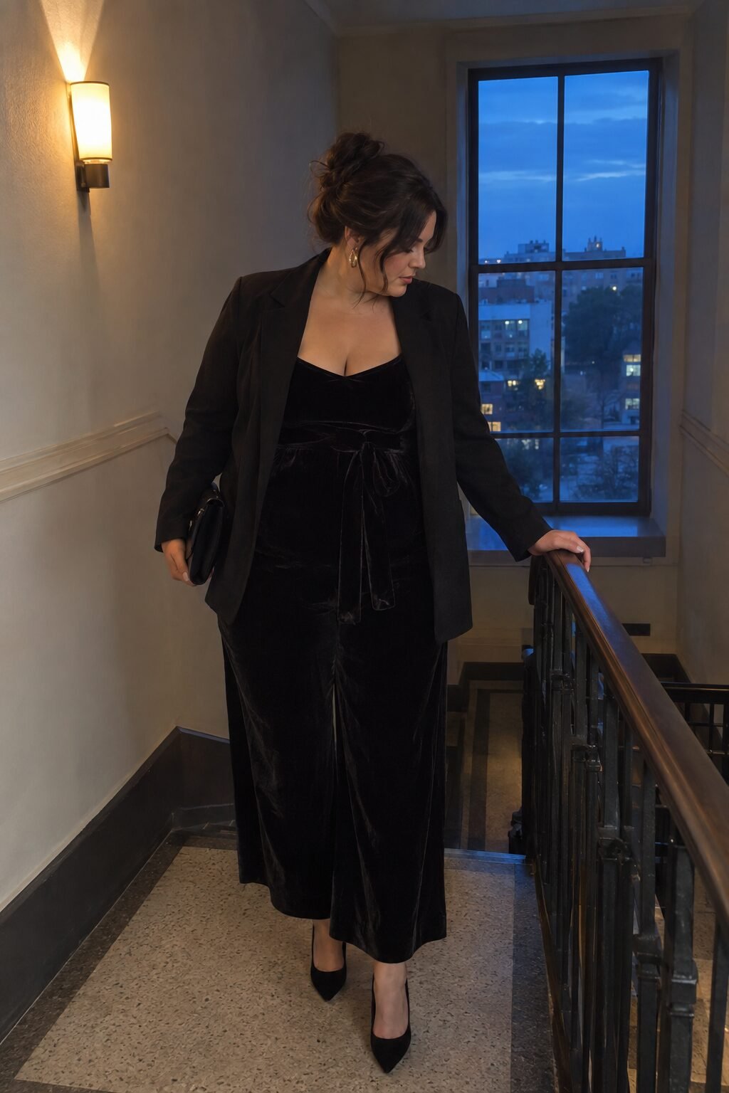 elevated plus size halloween outfit: black velvet wide-leg jumpsuit with an open black blazer