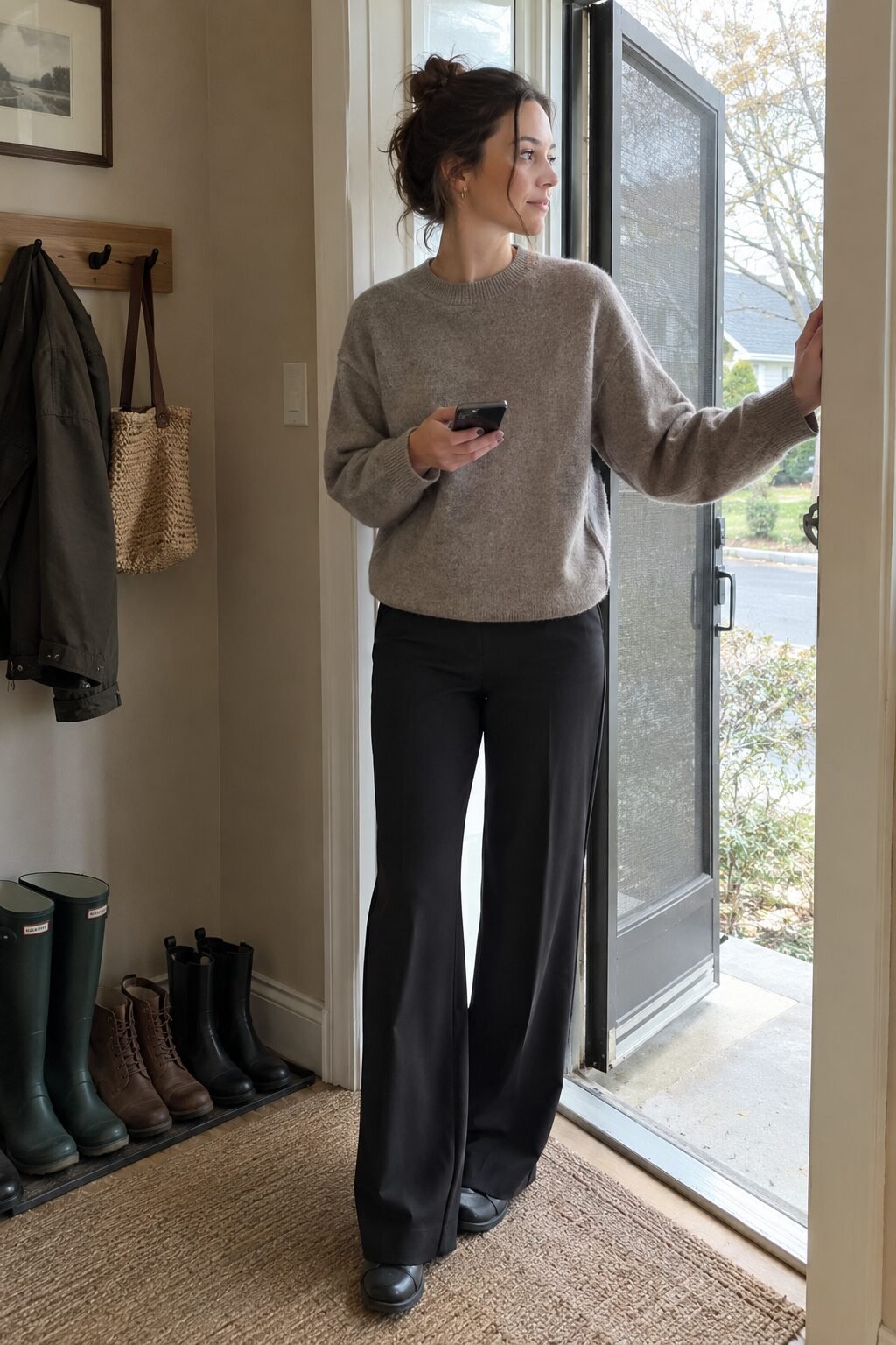 cashmere outfit for winter: taupe grey relaxed cashmere crewneck sweater with black wide-leg trousers
