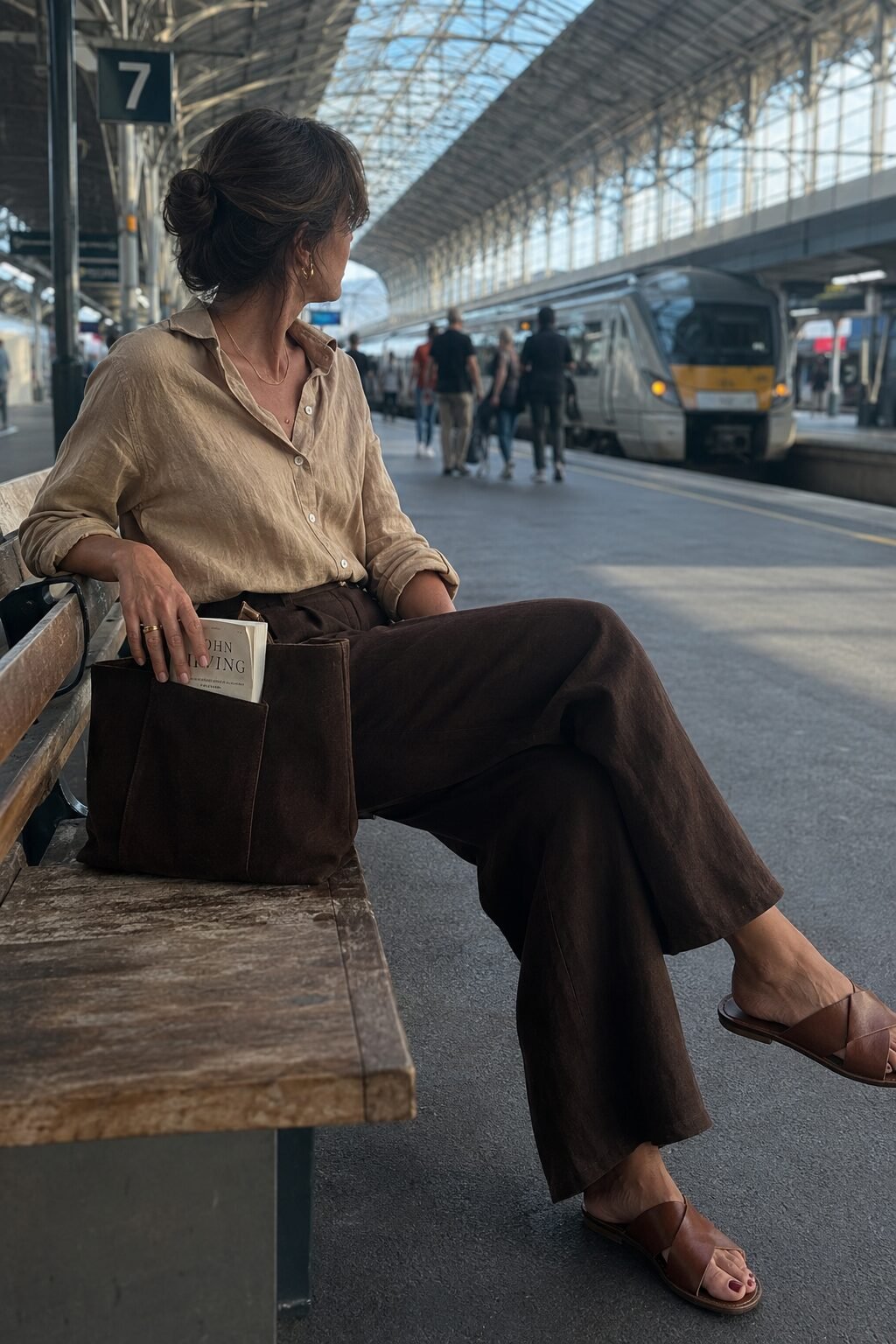 chocolate brown linen wide-leg outfit that hides wrinkles: monochrome linen separates