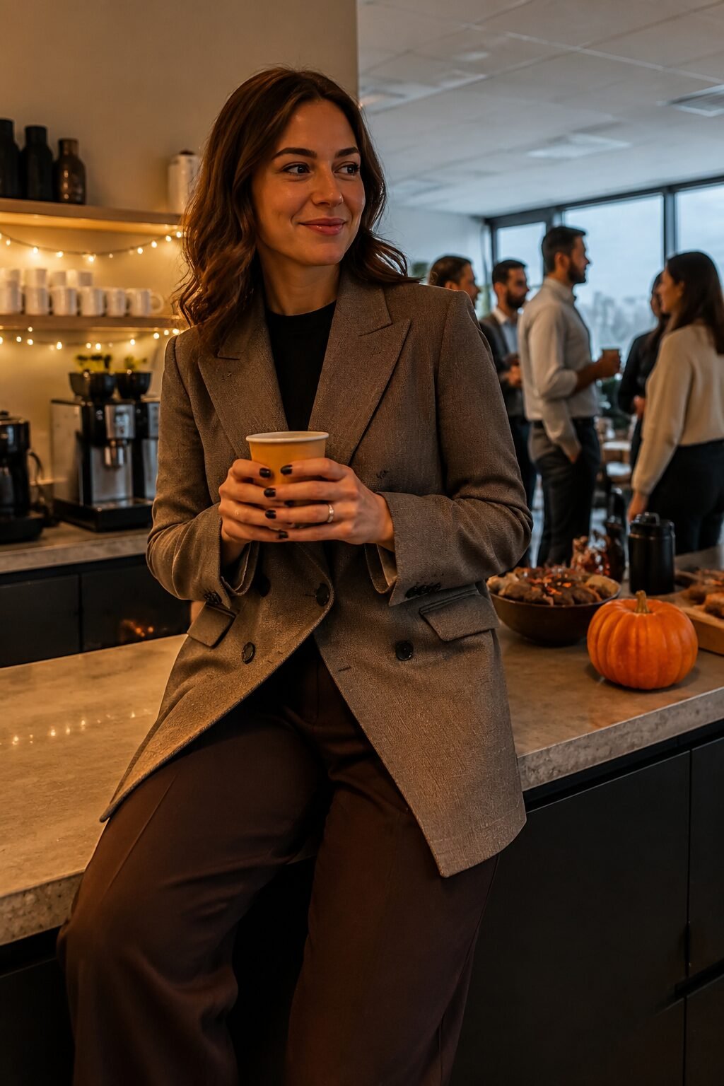 taupe double-breasted blazer and espresso wide-leg trousers, a monochrome brown office halloween outfit
