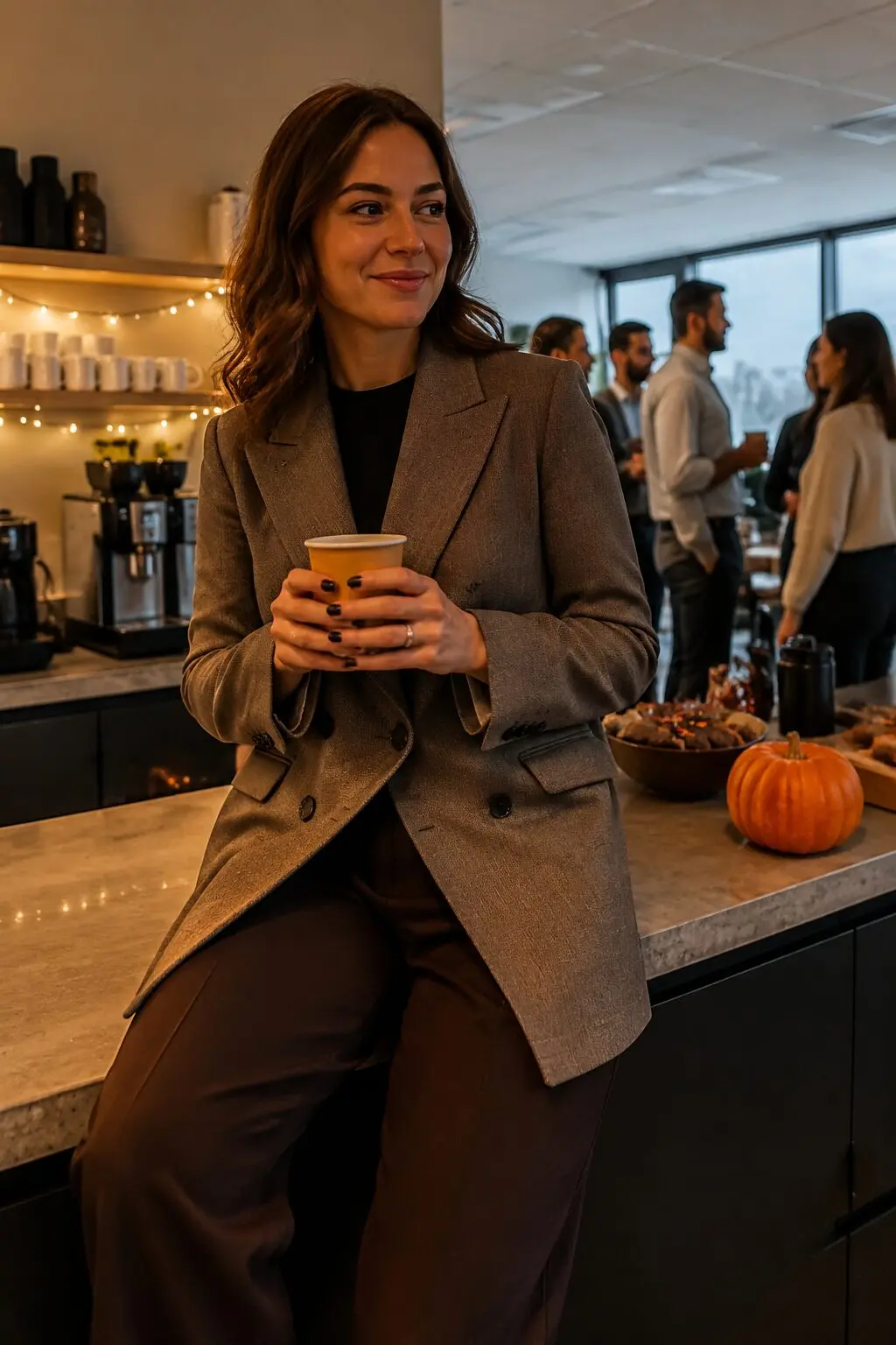 taupe double-breasted blazer and espresso wide-leg trousers, a monochrome brown office halloween outfit